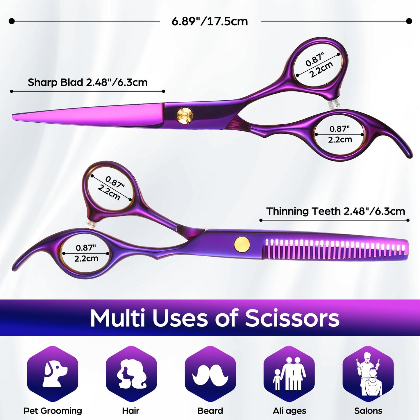 Wenshall Professional Hair Cutting Scissors, 6.89 inch Barber Scissors Multifunctional Salon Thinning Scissors Straight Shears Tools for Mother Father Friends' Christmas Gift, Purple