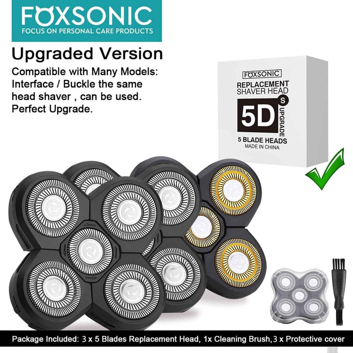 FOXSONIC 3 Pcs 5 Blades Universal Head Shaver replacement Heads for Head Shaver, Compatible mainstream shaver brands, head shaver replacement blades, Electric shaver replacement heads