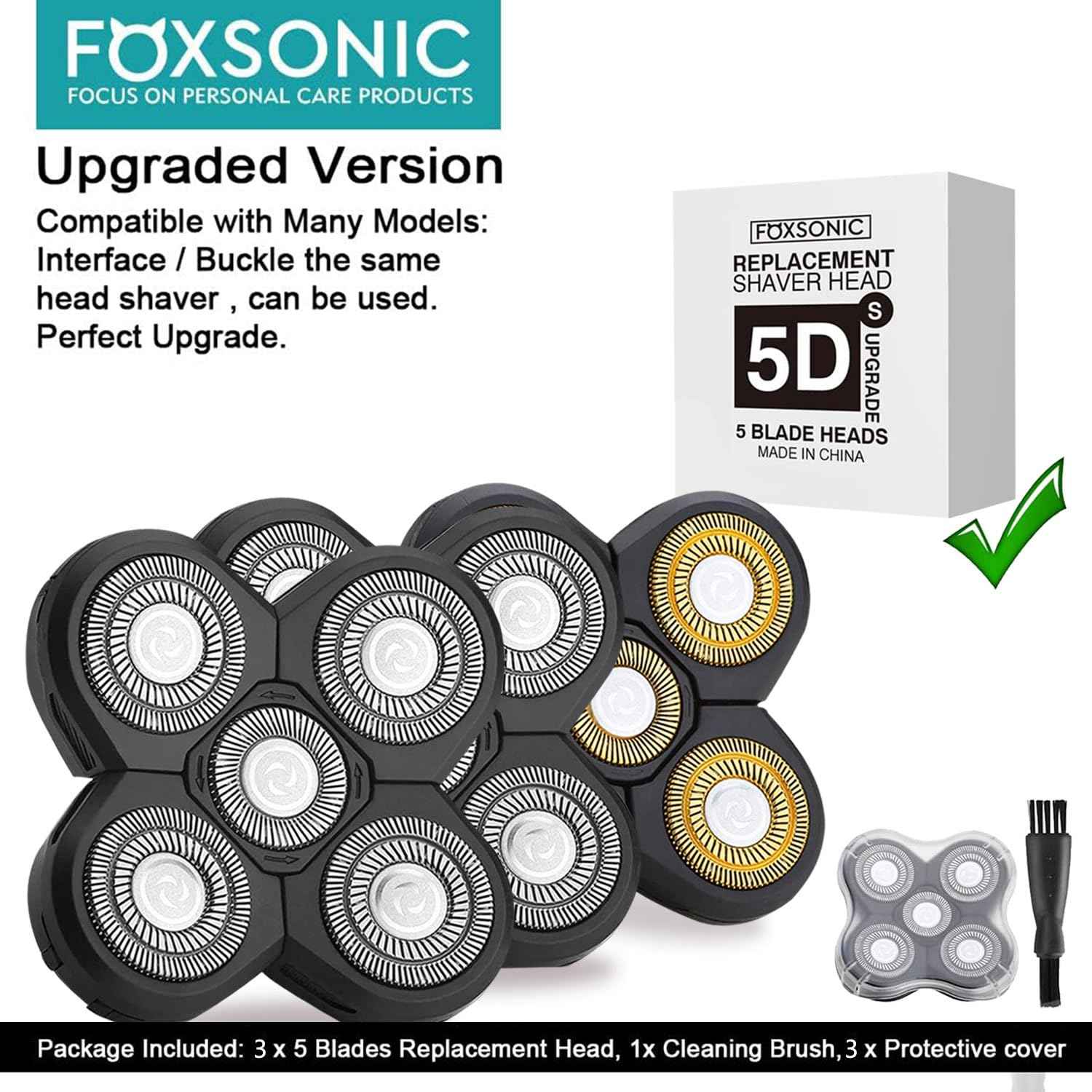 FOXSONIC 3 Pcs 5 Blades Universal Head Shaver replacement Heads for Head Shaver, Compatible mainstream shaver brands, head shaver replacement blades, Electric shaver replacement heads