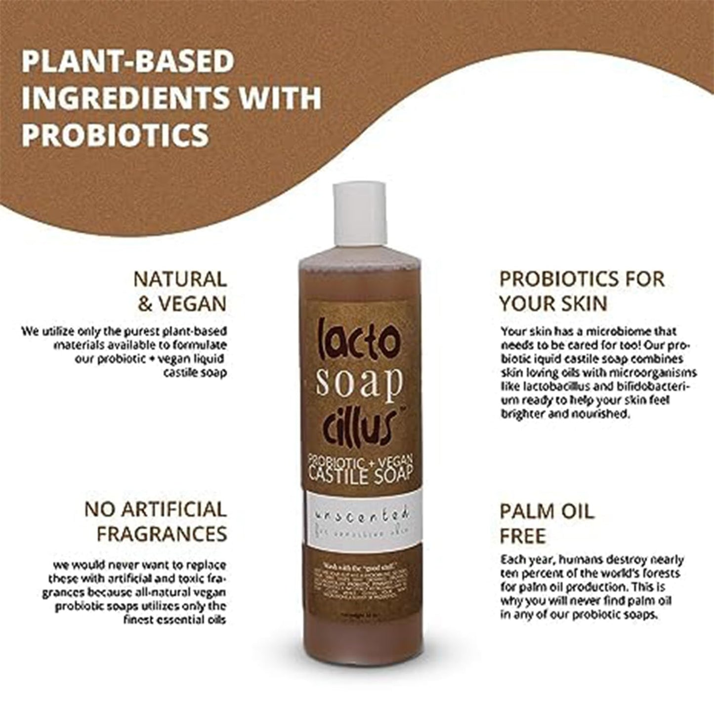 Probiotic+Vegan Castile Soap Lactosoapcillus - Naturally Refreshing Multi-Purpose Liquid Soap - Scent Unscented - Plant-Based Ingredients with Probiotics - No Artificial Fragrances (16oz)