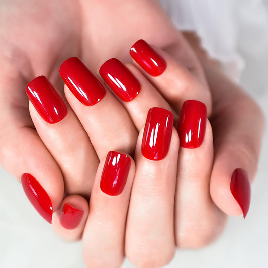 ELEVENAIL Glossy Red Press On Nails Medium Length Squoval Solid Color False Acrylic Nail Art Tips Salon Women Girls DIY Manicure Reusable Stick On Fake Nails for Daily Office Home Party