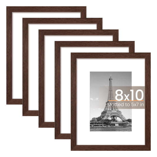 upsimples 8x10 Picture Frame Set of 5, Display Pictures 5x7 with Mat or 8x10 Without Mat, Wall Gallery Photo Frames, Brown