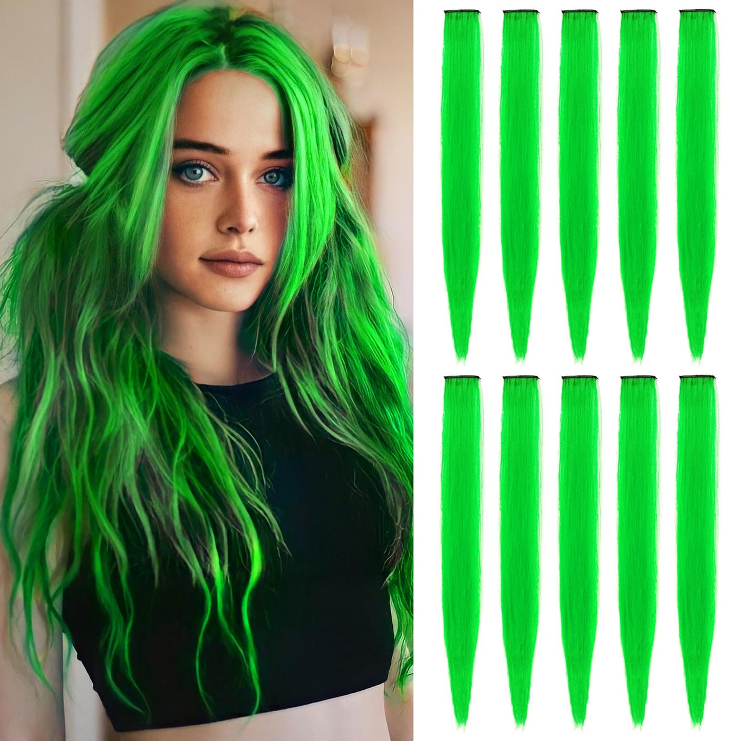 TOFAFA 22 inch Colored Hair Extensions Straight Hairpiece, Multi-colors Party Highlights Clip in Synthetic Hair Extensions for Women Kids Girls Cosplay Party Gift(10 PCS Green)