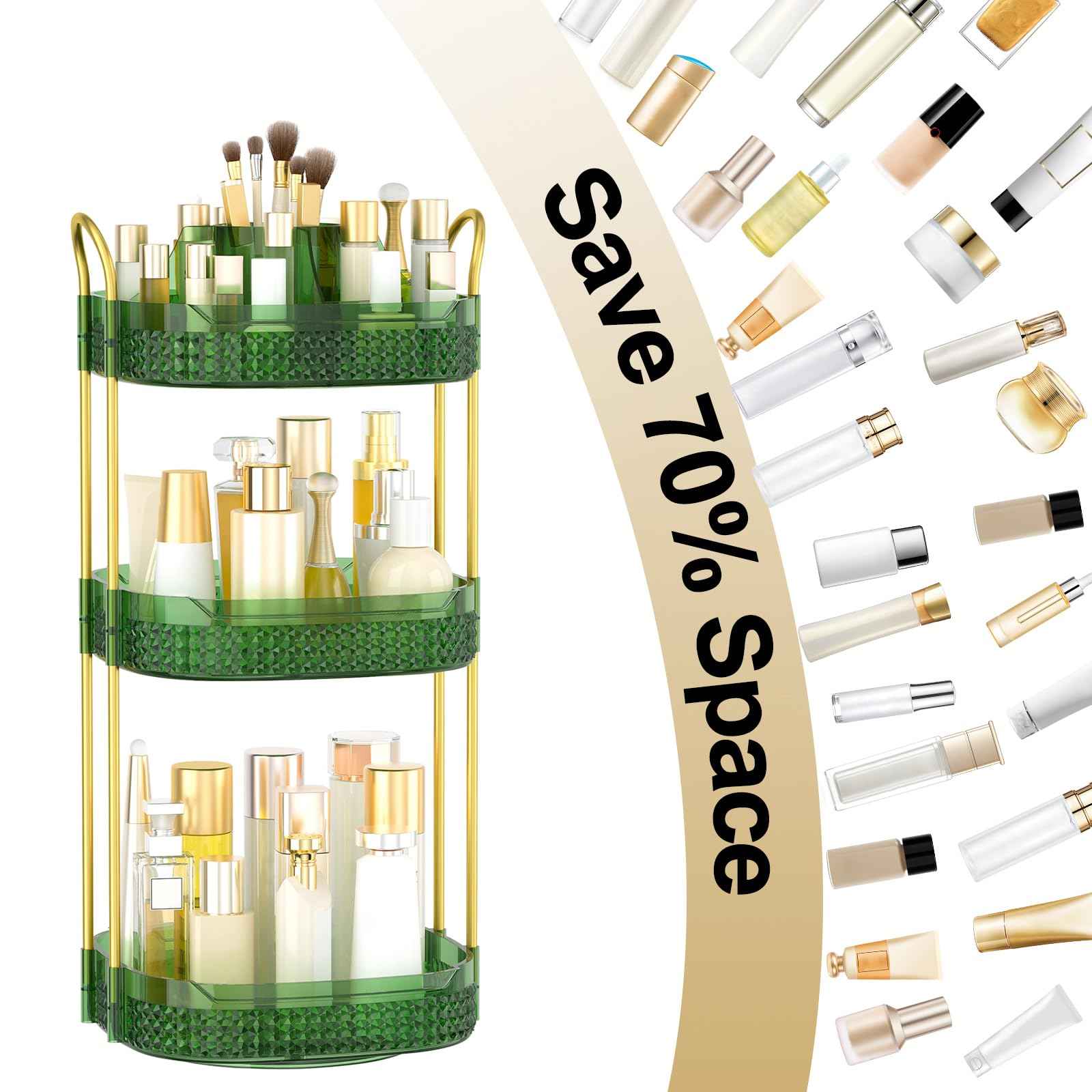 BOCONY Rotating Makeup Organizer for Vanity 3 Tier, Perfume Organizer with Makeup Brush Holder, Large Capacity Cosmetics Clear Skincare Organizer for Countertop (Green)