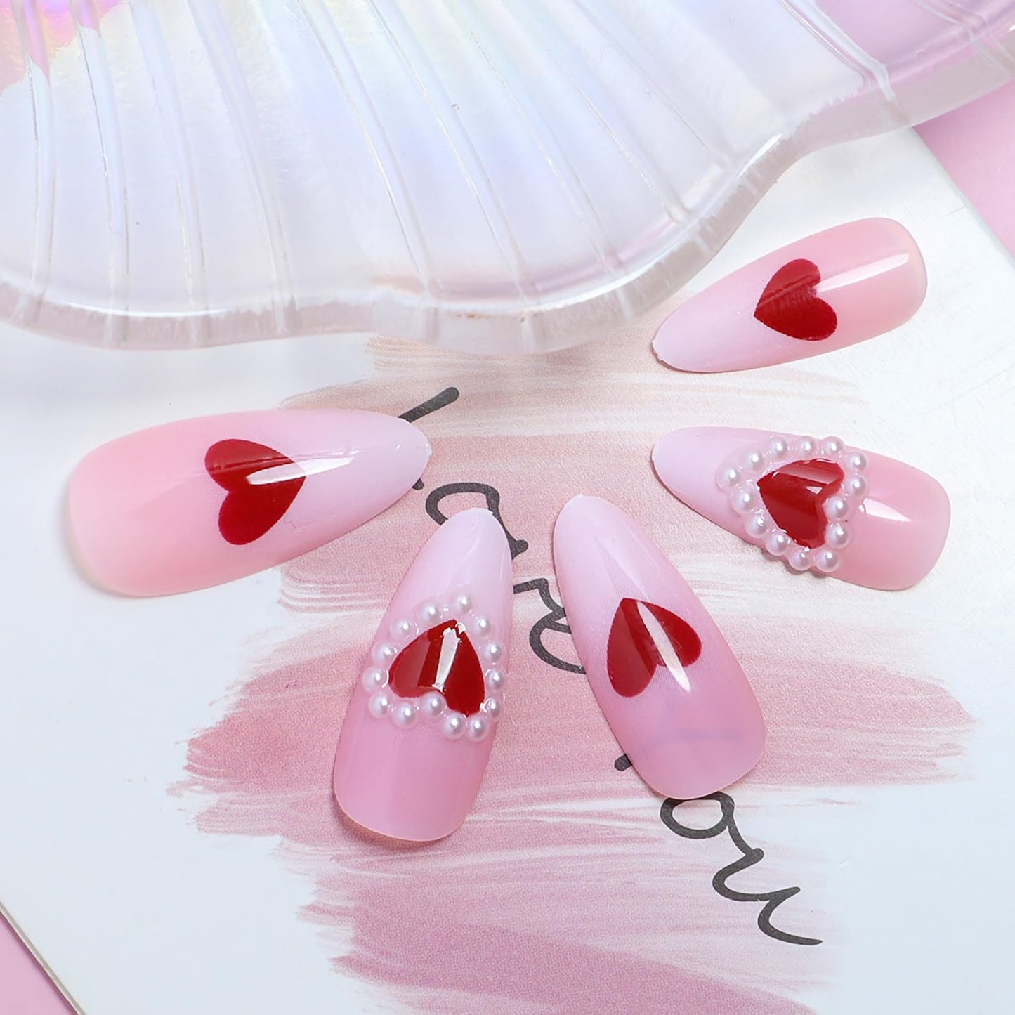 Red Heart Press on Nails Almond 24Pcs Glossy Full Cover Medium Acrylic False Nails with Heart Pearl Designs Reusable Artificial Fake Nails Set with Glue Stick on Nails with Charm for Women Girls