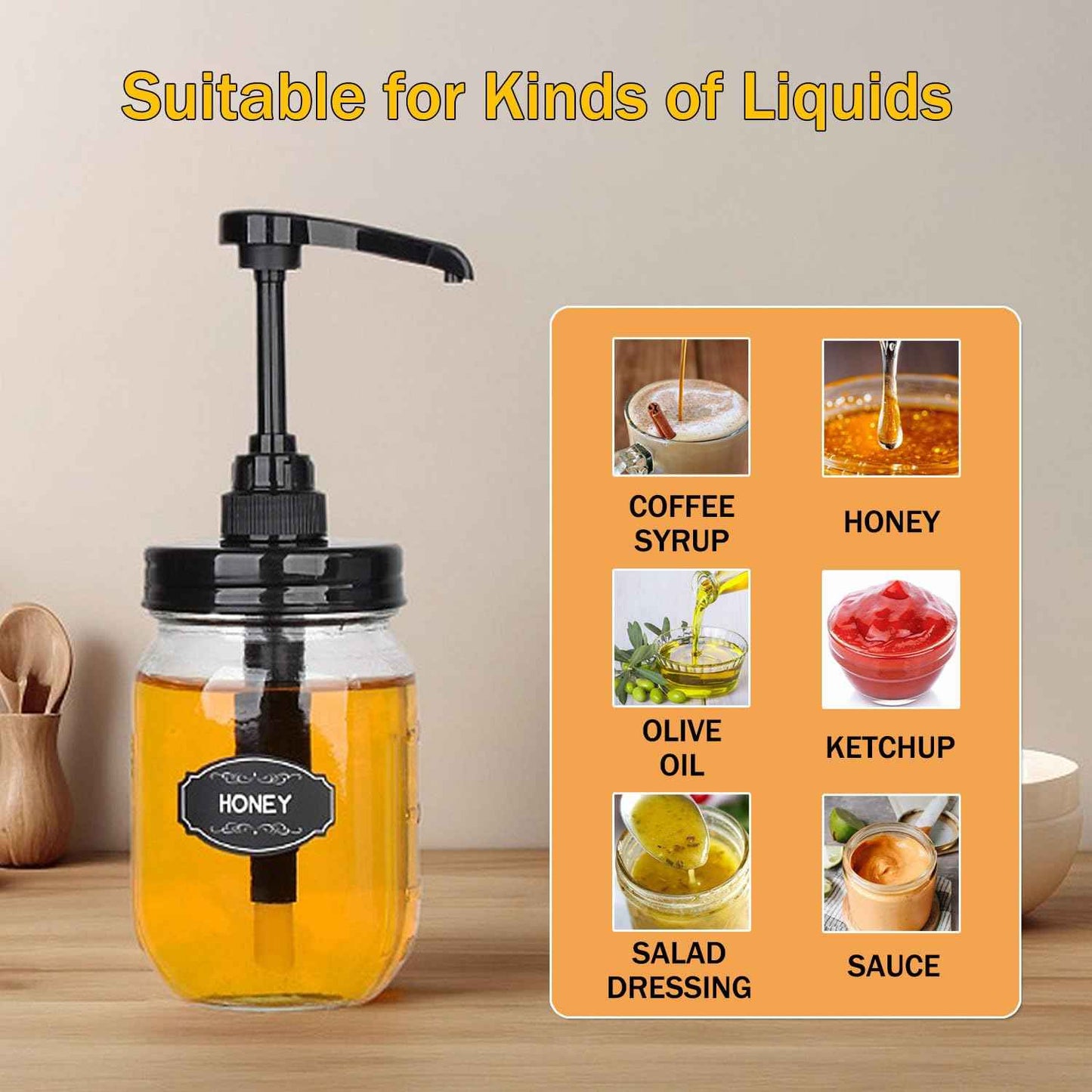 2 Pack Mason Jar Syrup Dispenser Pump Lids, Coffee Syrup Dispensers for Regular Mouth Mason Jars with Rust Proof Plastic Pumps and lids, Kitchen Food Grade Honey Dispenser Pump, Black