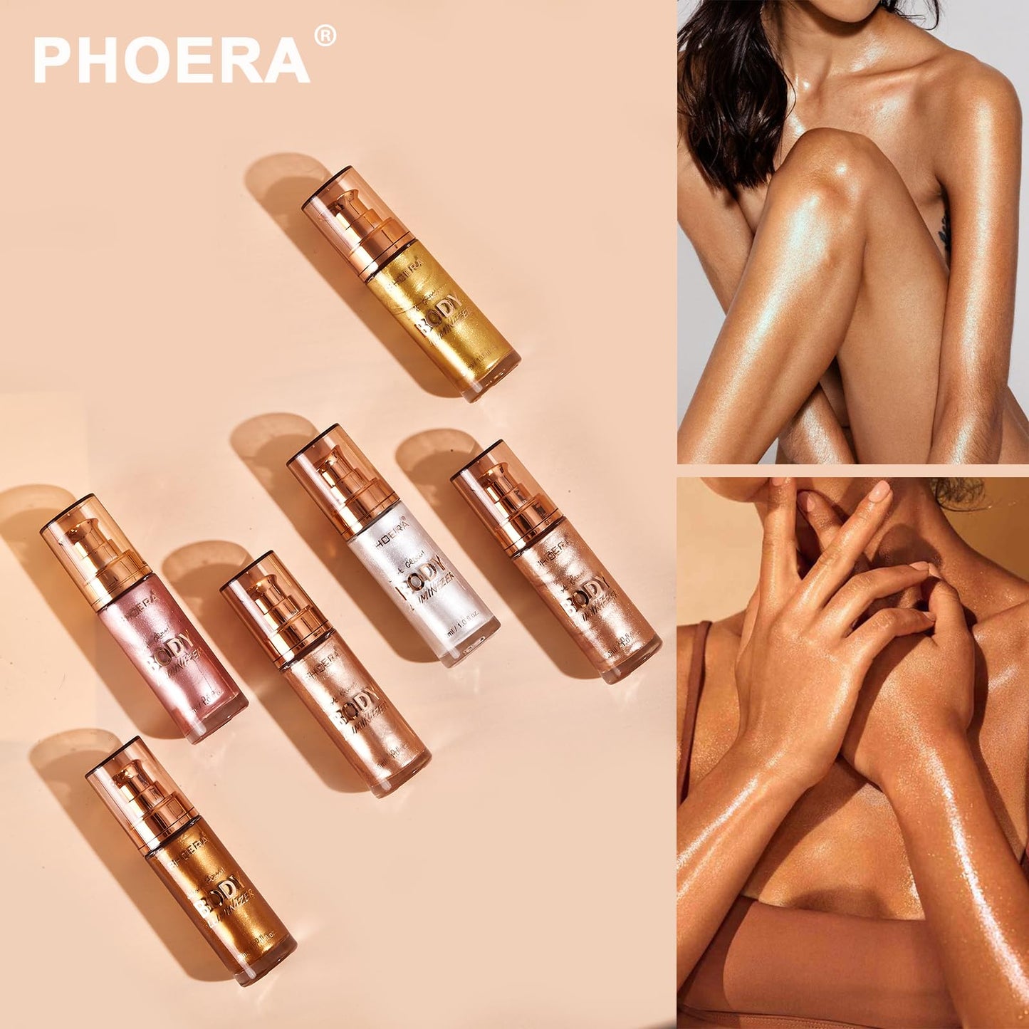 PHOERA Body Shimmer Oil, Body Bronzer Shimmer Oil,Body Glow Oil Shimmer Highlighter Luminizer Body Illuminator with Makup Bursh,Self Tanning Lotion,1oz/Jars (102 Metallic Gold)