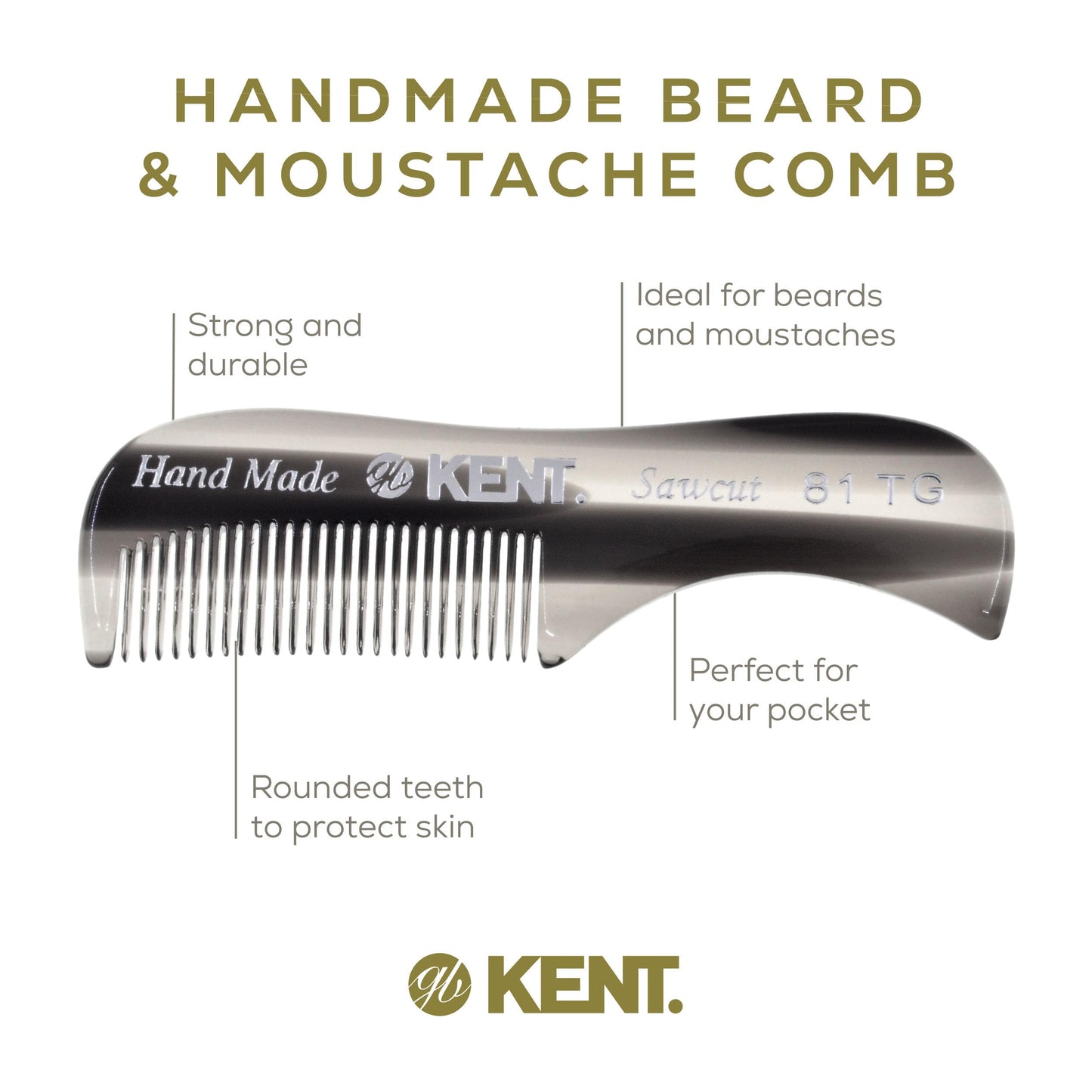 KENT A 81T Graphite X-Small Men's Beard Mustache Pocket Comb, Fine Toothed for Facial Hair Grooming and Styling. Hand-Made of Quality Cellulose Acetate, Saw-cut Hand Polished. Made in England