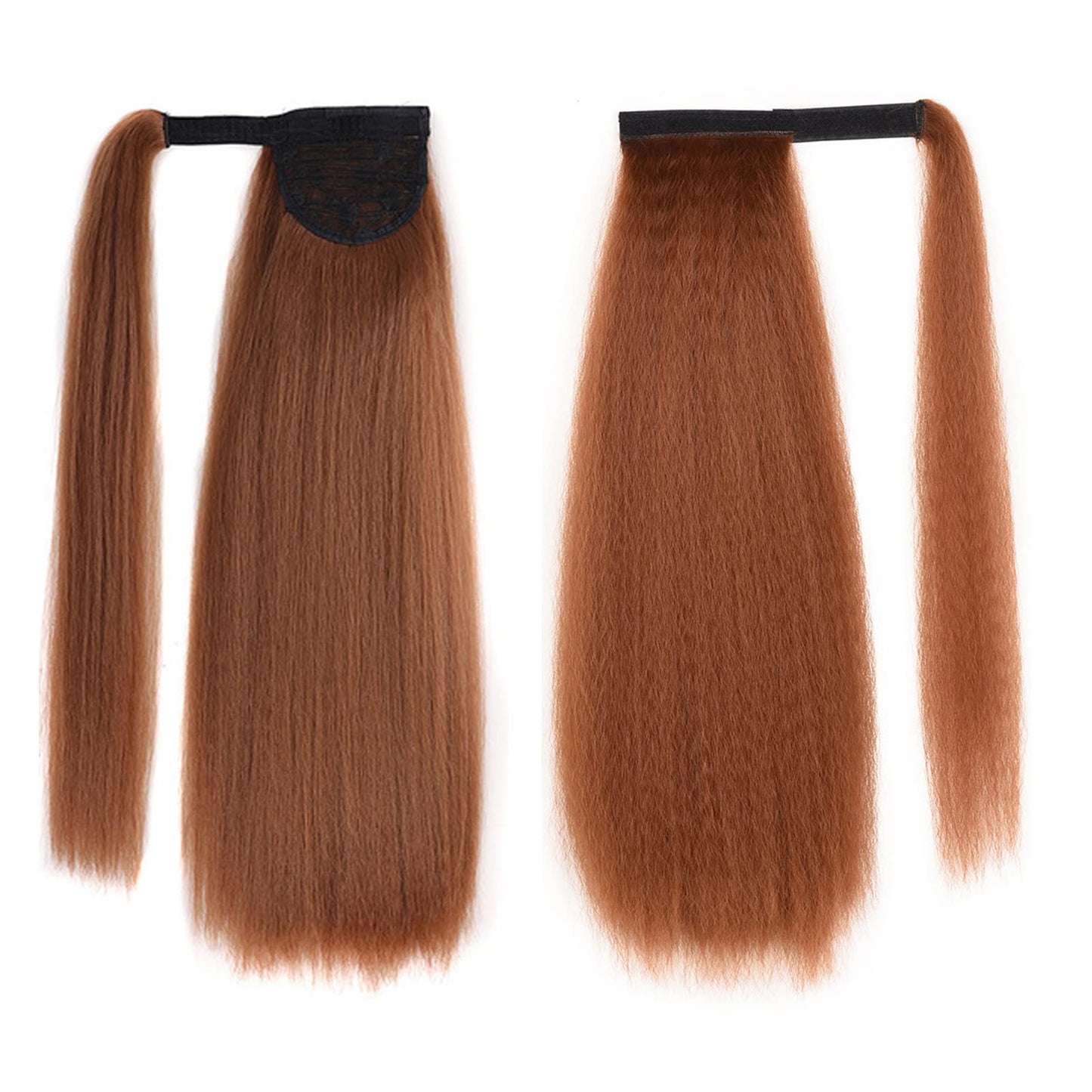 Afro Kinky Straight Ponytail Wrap Around Yaki Straight Pony Tails Extensions Clip in Ponytail Extension Magic Paste Ponytail for Black Women Girls (Black) (Auburn Brown)