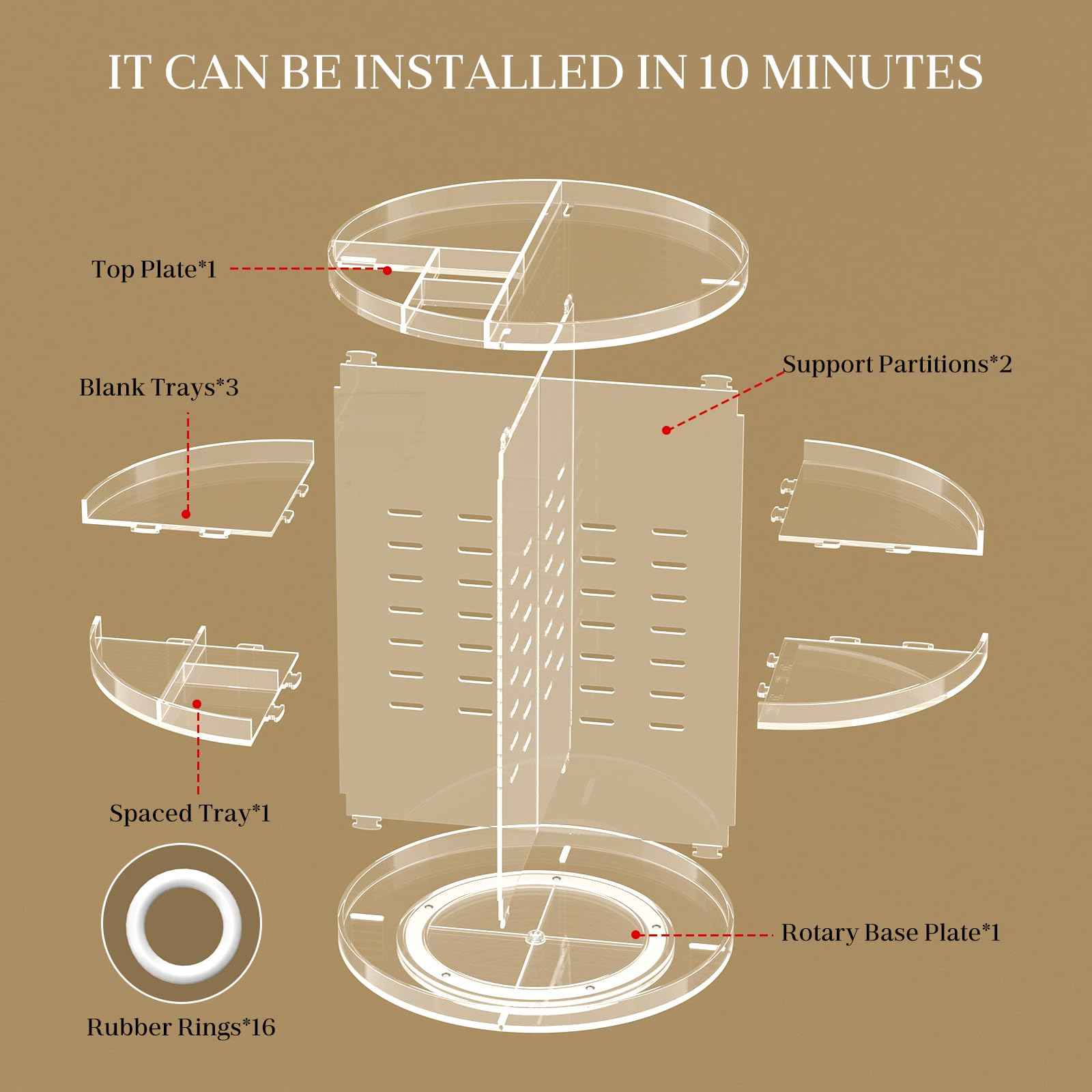 HEMTROY Makeup Organizer 360 rotating, Adjustable Skincare Organizer with Brush Holder, Cosmetics Display Cases for Vanity Bathroom Countertop Large Capacity Carousel Make up Caddy Shelf (Transparent)