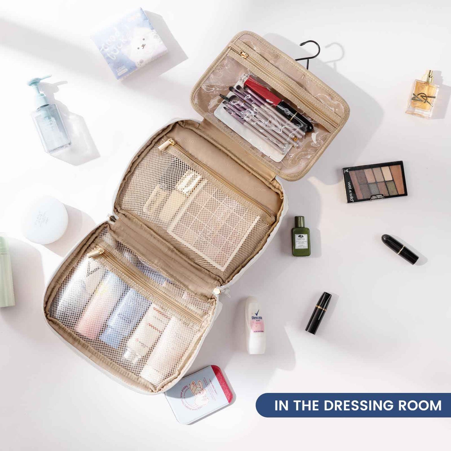 LOVEVOOK Travel Toiletry Bag With Hanging Hook for Women, Puffy Cosmetic Makeup Bag Organizer with Vegan Leather Handle for Accessories, Essentials, Toiletries, Off white