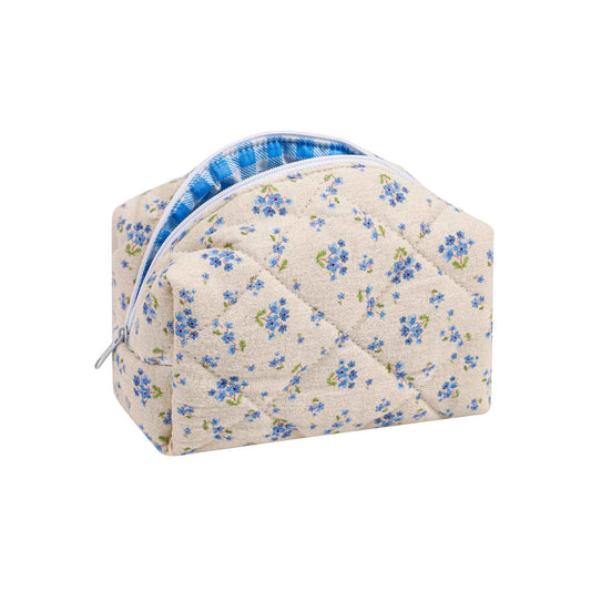 Cute Small Floral Cotton Makeup Bag, Quilted Zipper Pouch with Coquette Bear for Women and Girls, Kawaii Travel Cosmetic Bags for Purse(04Little Blue Flower)