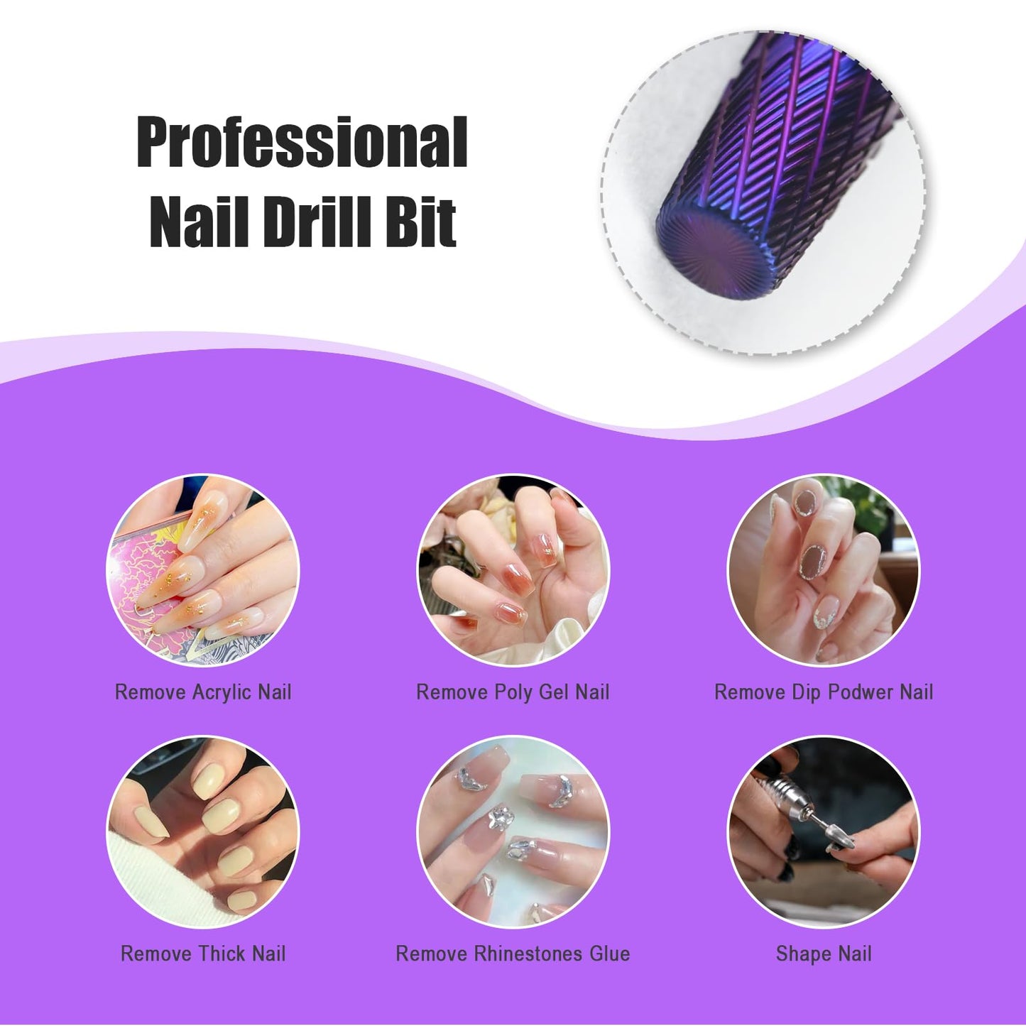 Depvko 5 in 1 Pro Nail Drill Bits, 3/32'' Carbide Tungsten Bits, Two Way Rotate Professional Advanced Safety Bits for Nail, Fast Remove for Manicure Pedicure Cuticle Gel Polishing, Salon Home (Purple)