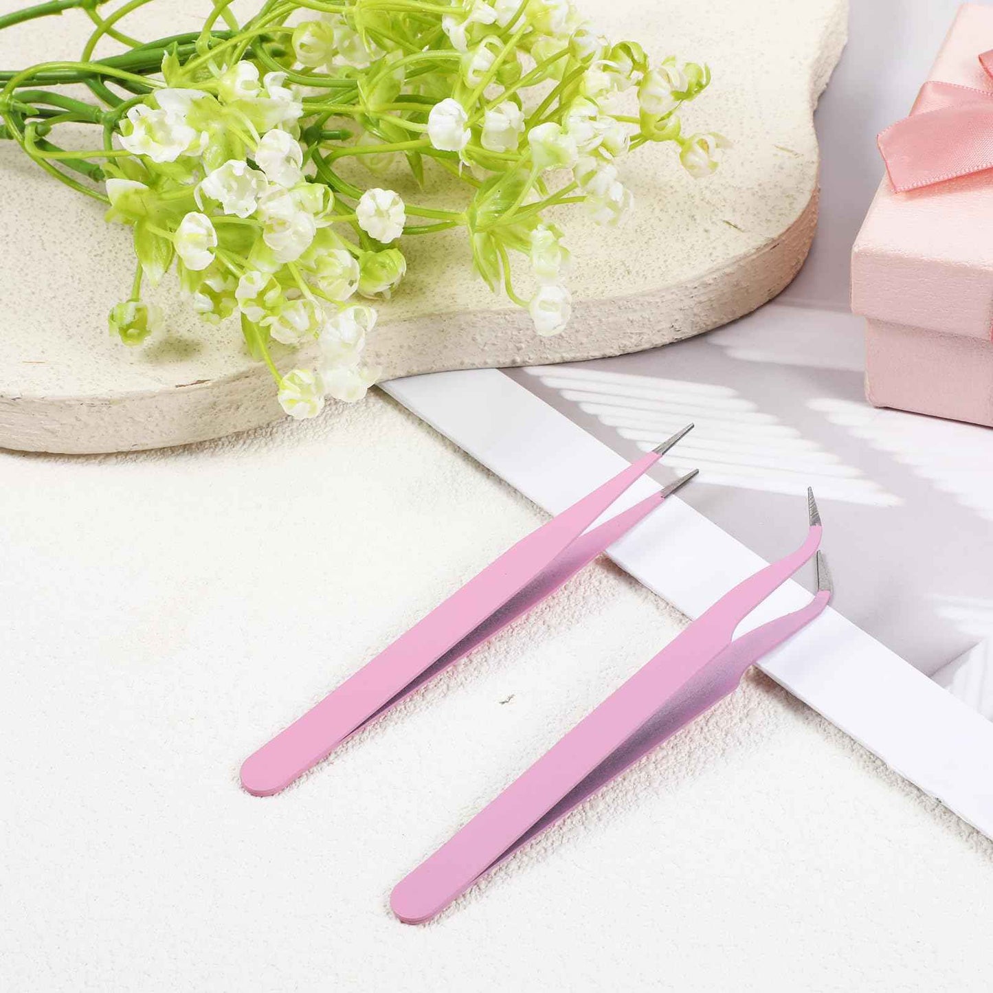 Tweezers for Crafting, 2PCS Sticker Tweezers Pink Craft Tweezers Stainless Steel Lash Cluster Tweezers Straight and Curved Nail Tweezers Eyelash Tweezers for Lash Extensions Scrapbooking Jewelry Tools