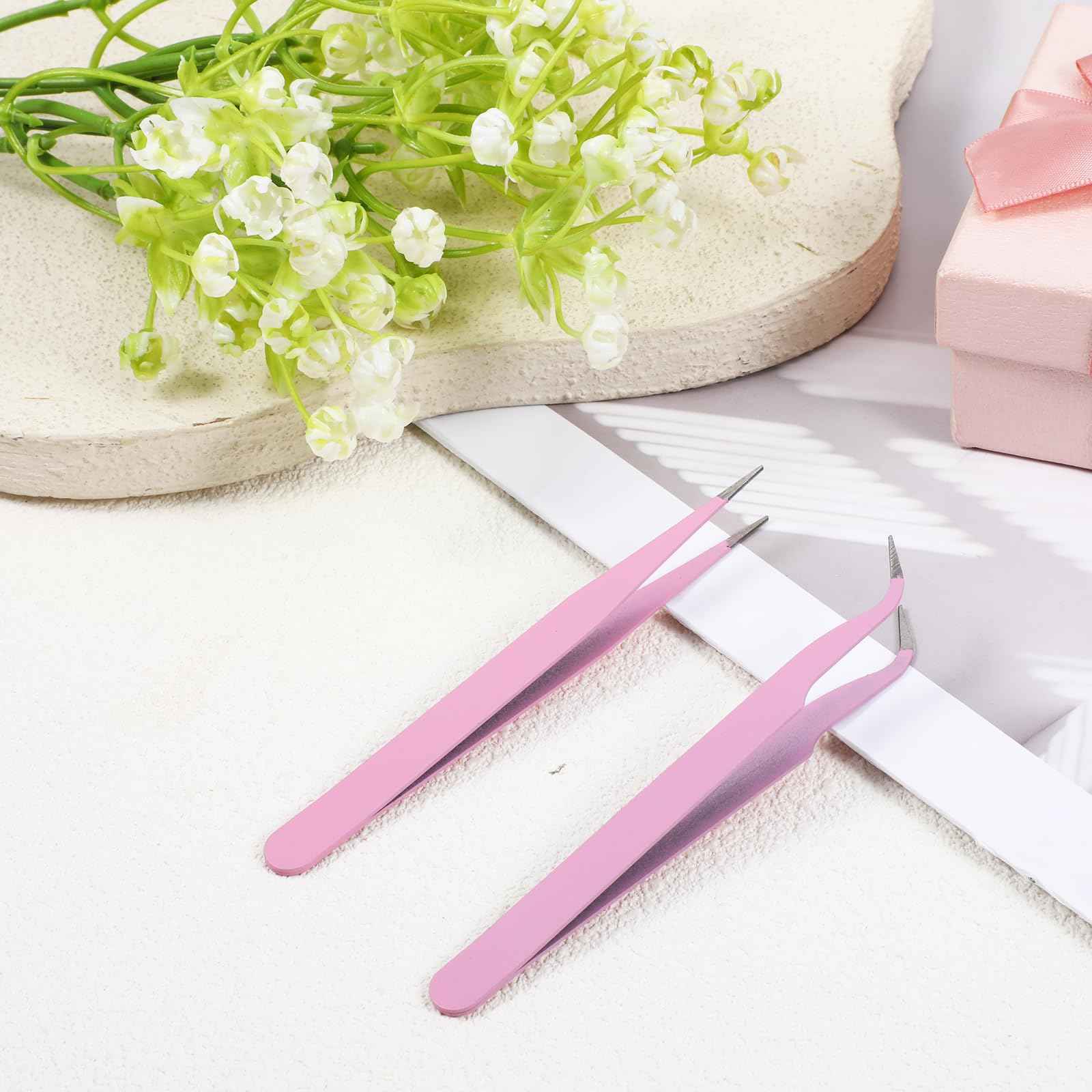 Tweezers for Crafting, 2PCS Sticker Tweezers Pink Craft Tweezers Stainless Steel Lash Cluster Tweezers Straight and Curved Nail Tweezers Eyelash Tweezers for Lash Extensions Scrapbooking Jewelry Tools