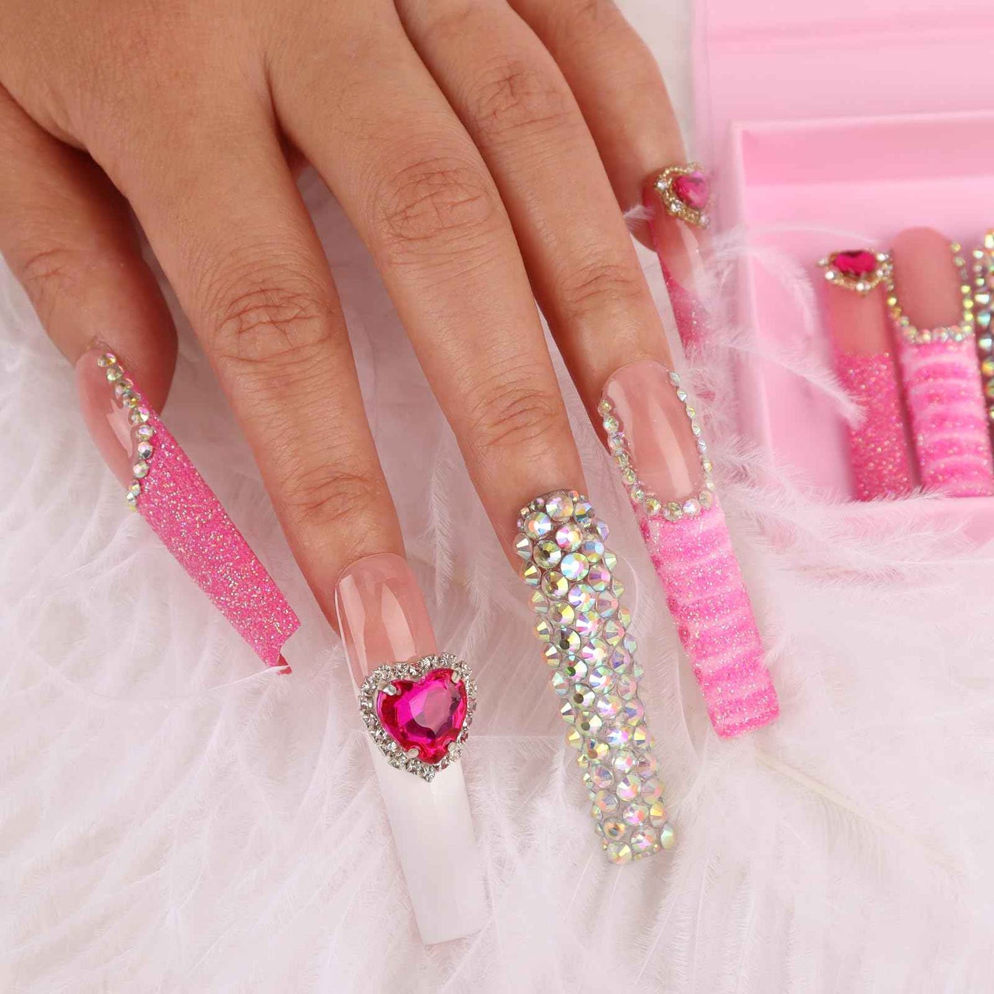 Handmade Long Acrylic Nail Tips, Pink Press on Nails with Full Covered Crystals, Fake Luxury Diamond Nails, Long Square False Nails, Gifts for Women, Reusable Stick On Nails 10Pcs,Hot pink Size M