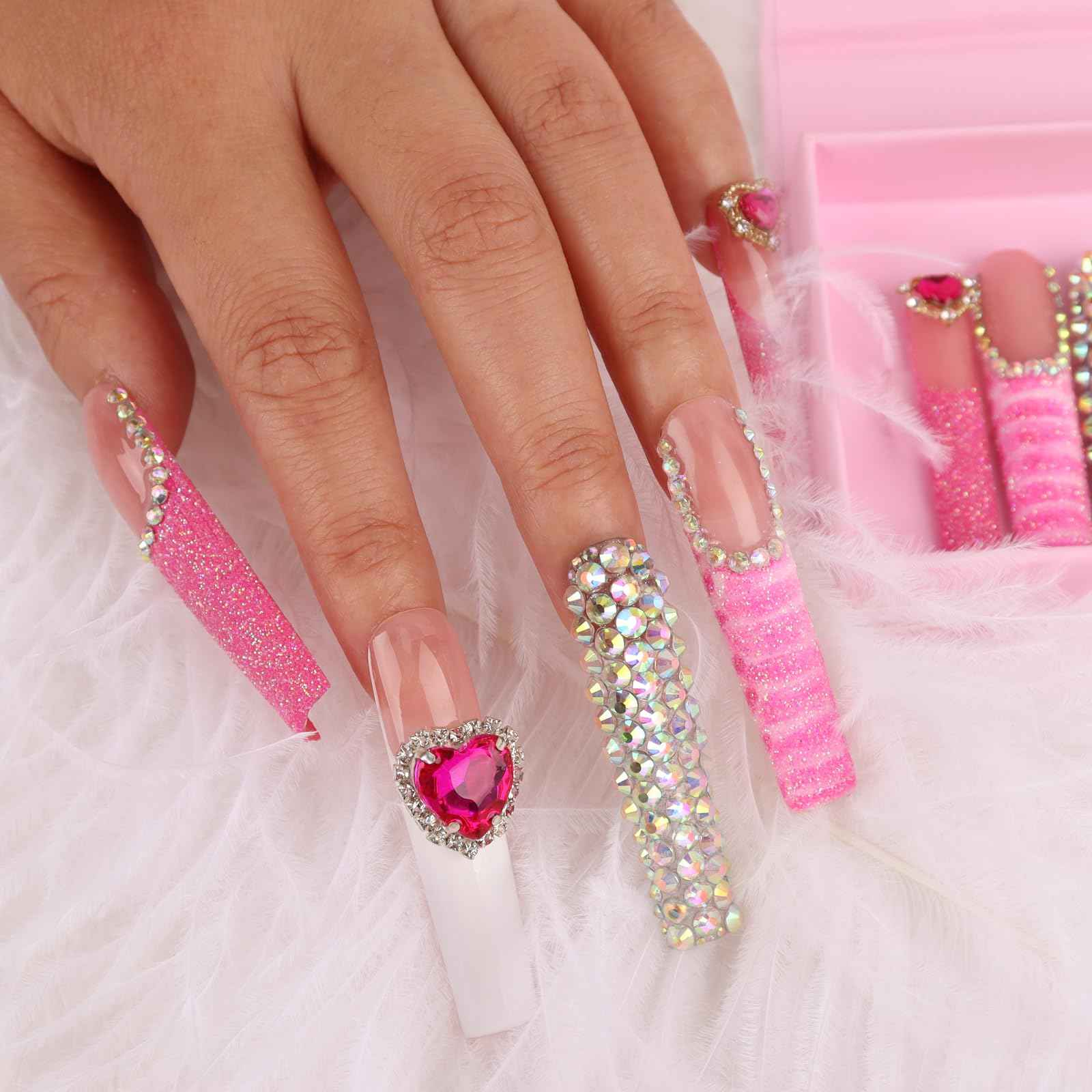 Handmade Long Acrylic Nail Tips, Pink Press on Nails with Full Covered Crystals, Fake Luxury Diamond Nails, Long Square False Nails, Gifts for Women, Reusable Stick On Nails 10Pcs,Hot pink Size M