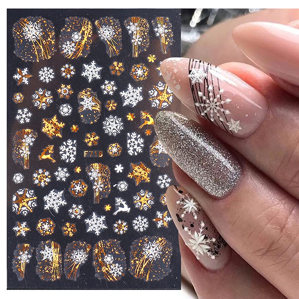 Snowflake Nail Art Stickers Decals Gold Christmas Nail Decals 3D Self-Adhesive Elk Christmas Tree Nail Design Xmas Nail Art Supplies Sticker for Christmas Manicure Nail Art Decorations 8PCS