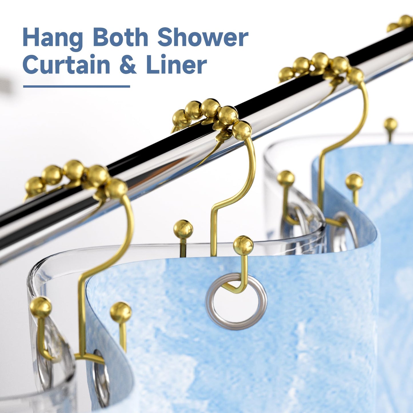 Titanker Gold Shower Curtain Hooks Rings, Rust-Resistant Metal Double Glide Shower Hooks Rings for Bathroom Shower Curtains Rods, Set of 12 Hooks - Gold