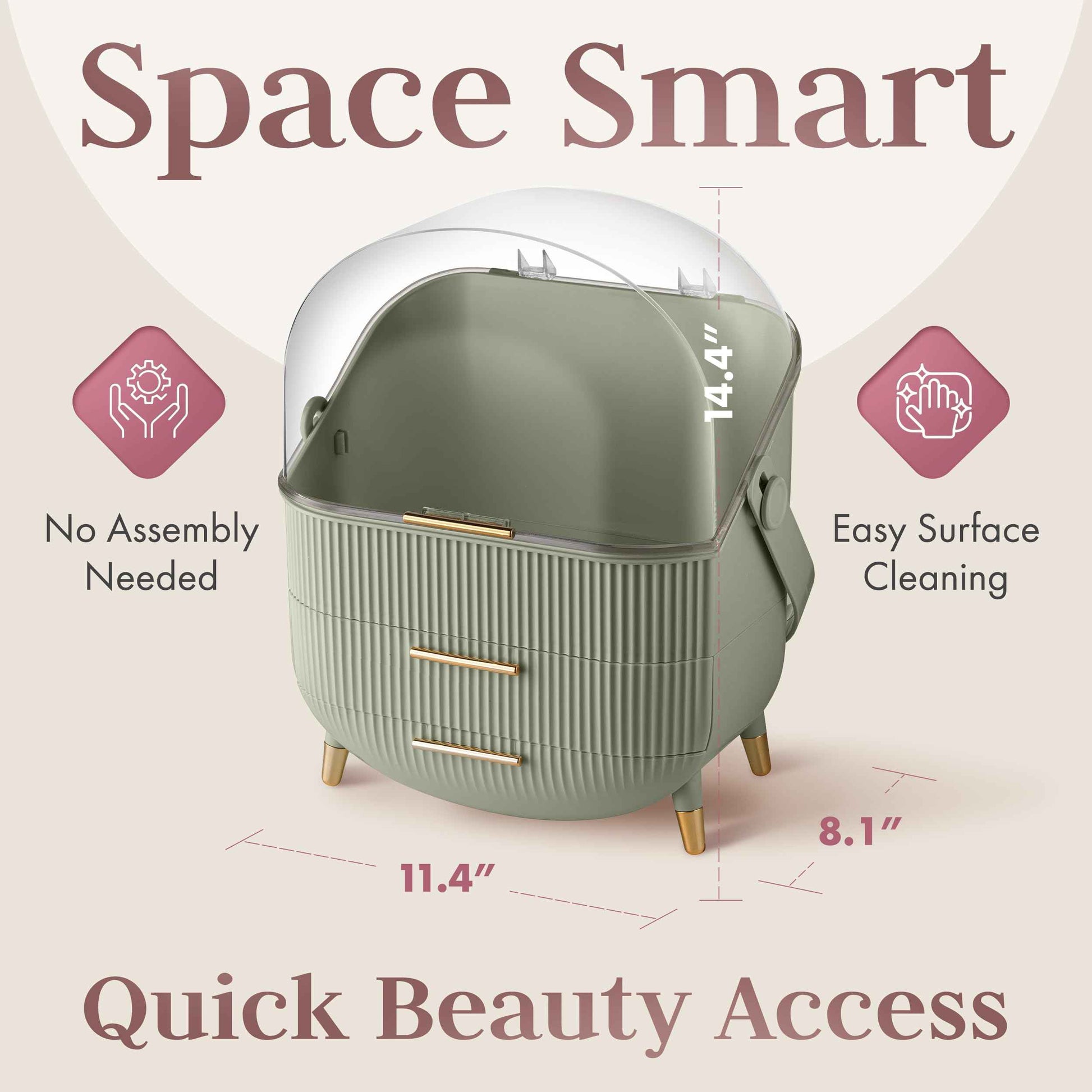 Covered Makeup Cosmetic Countertop - Large Cosmetic Organizer - Trendy Oval Shape Storage for Skin Care Organizer - Clear Lid, Storage Drawers, Carry Handle - Cute Stylish Decor Solution (Green)