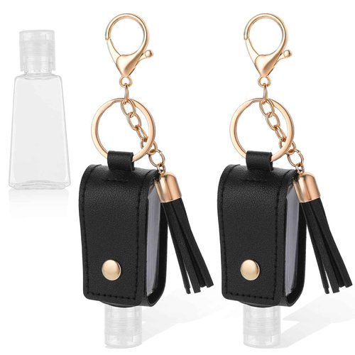 Aiyorse 2 Pcs Portable Handwashing Fluid Holder Bottles with Keychain, Refillable Travel Containers, 1oz/30ml Squeeze Bottles for Toiletry Lotion Liquid Soap Shampoo (Black)