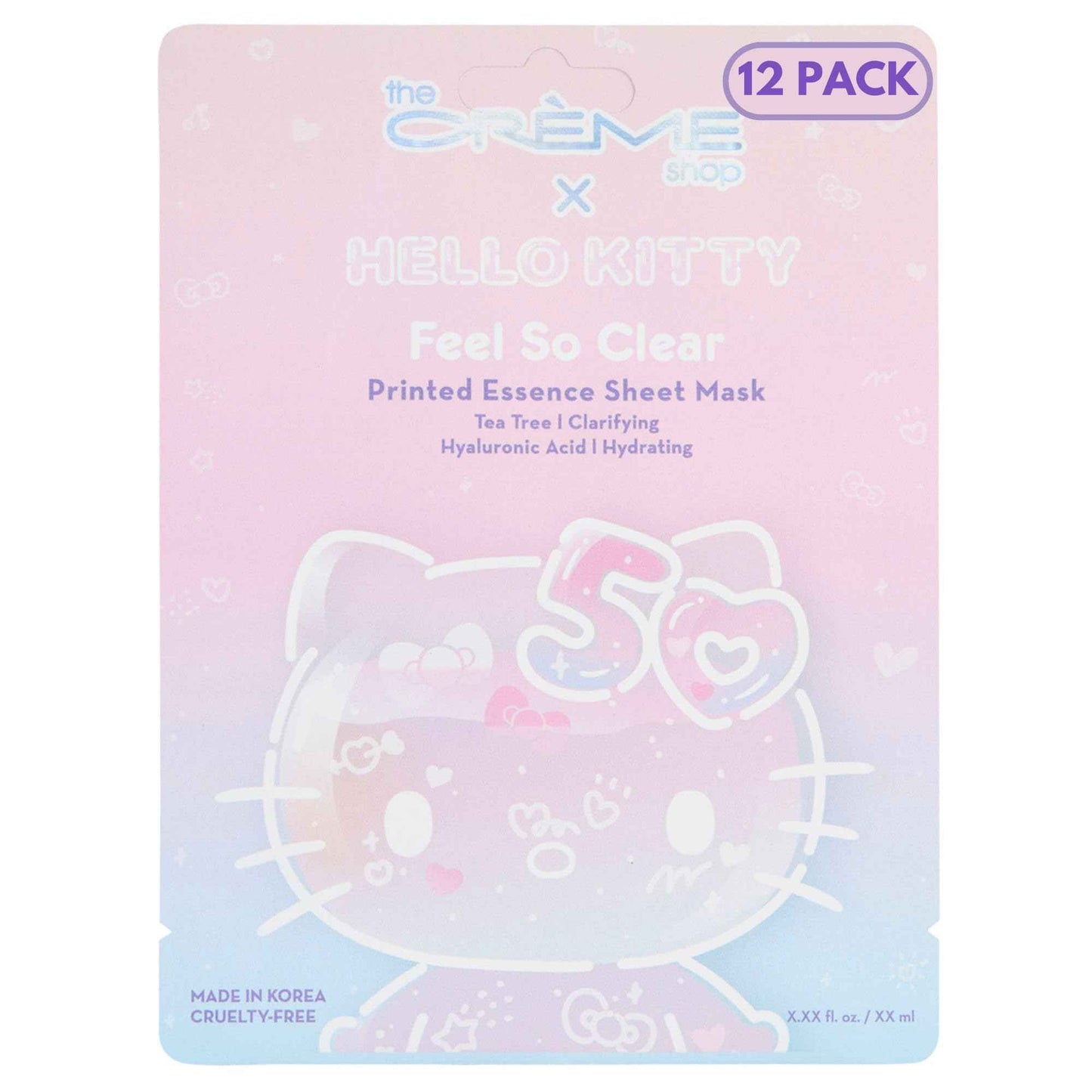 The Crème Shop x Hello Kitty Feel So Clear Printed Essence Sheet Mask, Clarifying and Hydrating Face Mask with Tea Tree and Hyaluronic Acid - 50th Year Anniversary Limited Edition - (Pack of 12)
