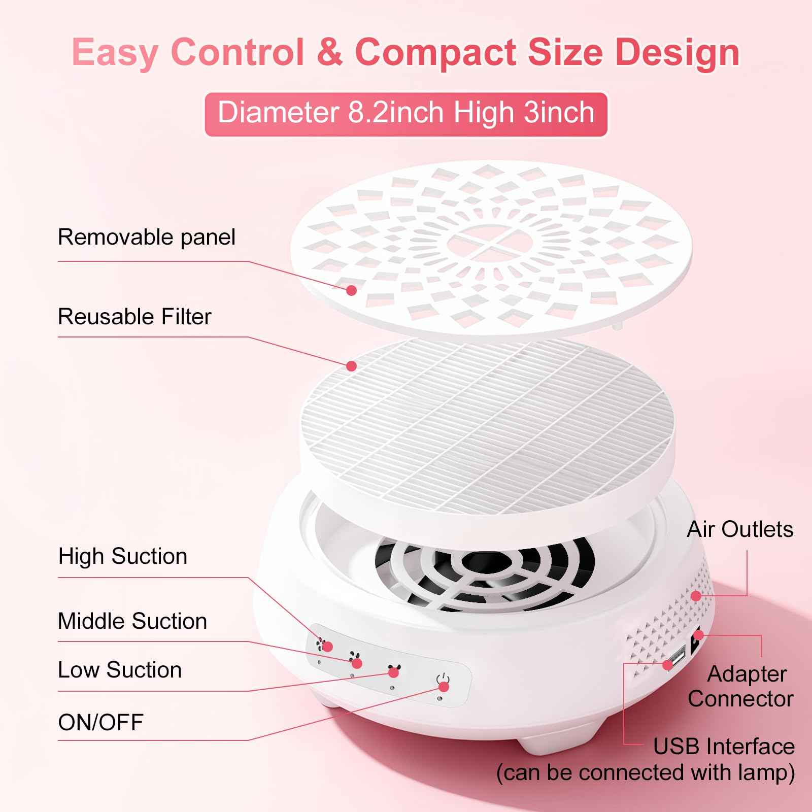 Professional Nail Dust Collector, Quiet Nail Vacuum Cleaner Machine with Reusable Filter, Powerful Suction Nail Tech Dust Fan for Acrylic Gel Nails Art Polishing, Manicure Pedicure Salon Home Use