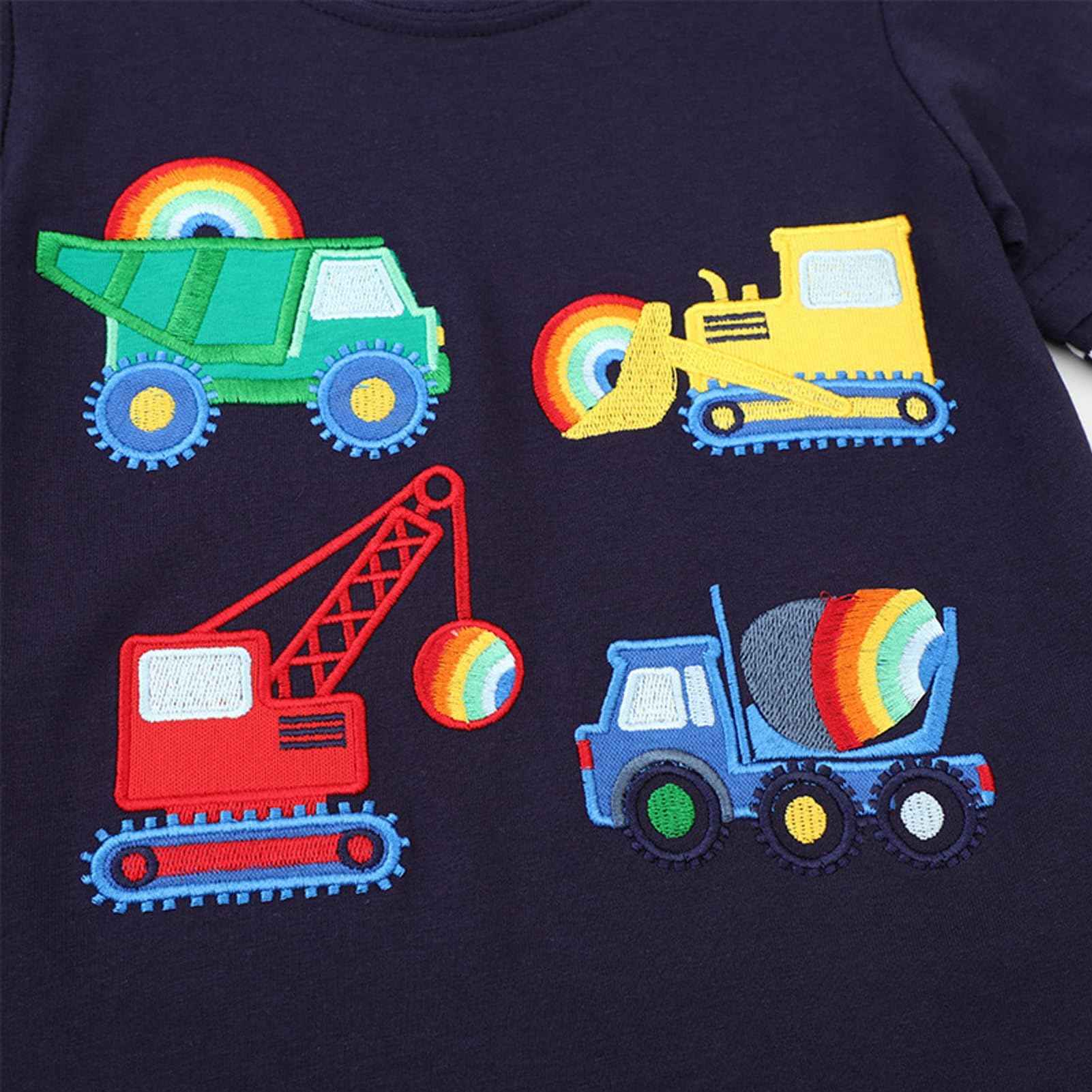 Frogwill Toddler Boys Dark Blue Rainbow Construction Vehicles Layered Tee (4T, Dark Blue)