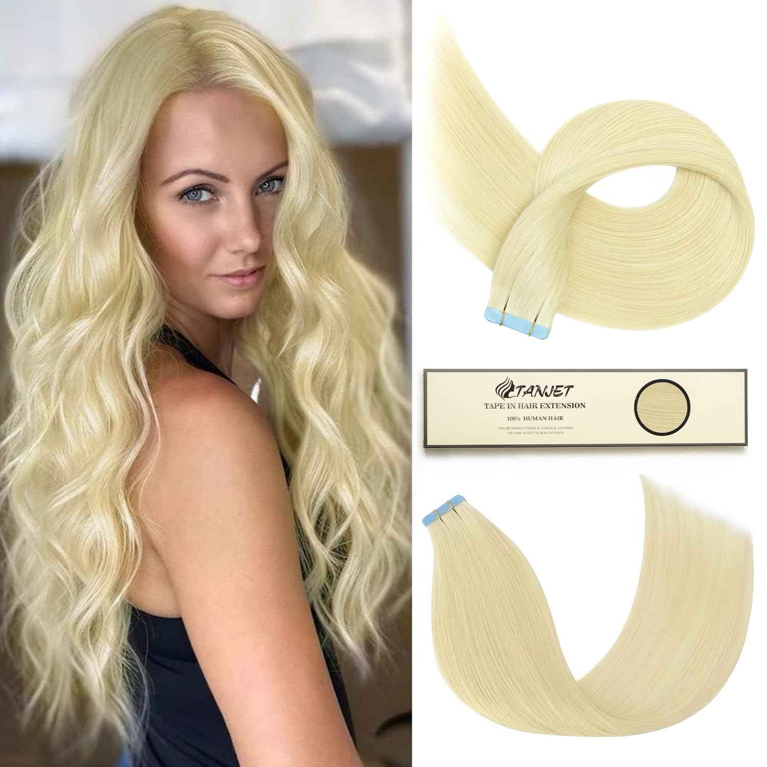 TANJET Tape in Human Hair Extensions Platinum Blonde Straight Seamless Skin Thick Weft Hair Extensions Remy Tape in Hair Extensions Human Hair (#60 16 Inch 20pcs 40g/Pack)