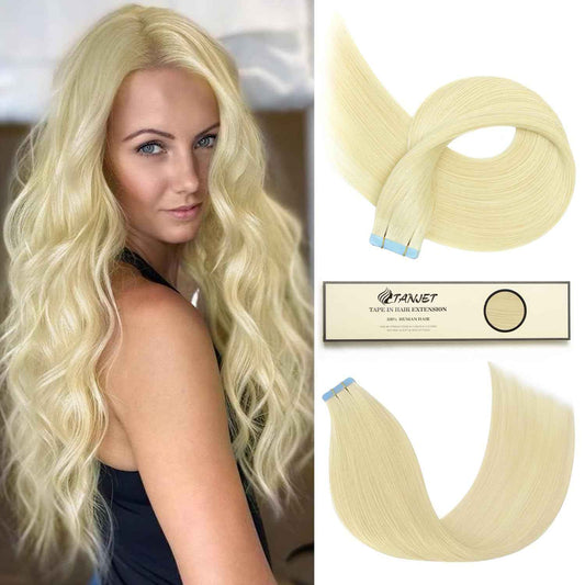 TANJET Tape in Human Hair Extensions Platinum Blonde Straight Seamless Skin Thick Weft Hair Extensions Remy Tape in Hair Extensions Human Hair (#60 16 Inch 20pcs 40g/Pack)