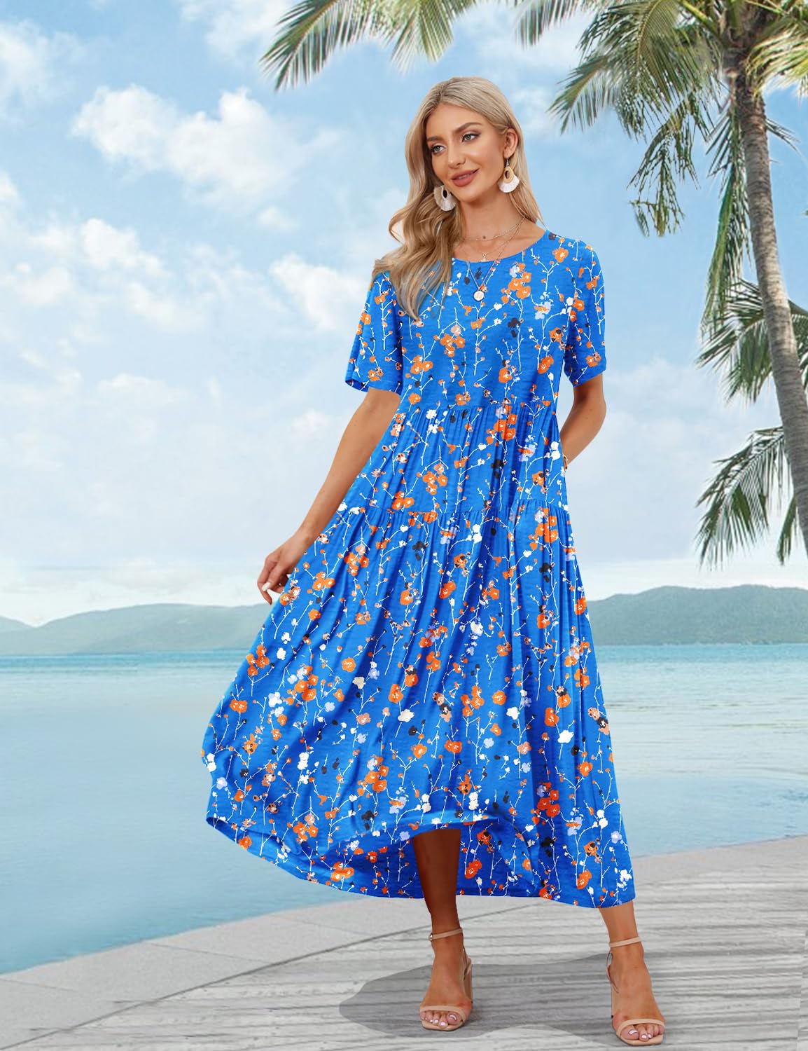 YESNO Women Casual Loose Bohemian Floral Dress with Pockets Short Sleeve Long Maxi Summer Beach Swing Dress S EJF CR414