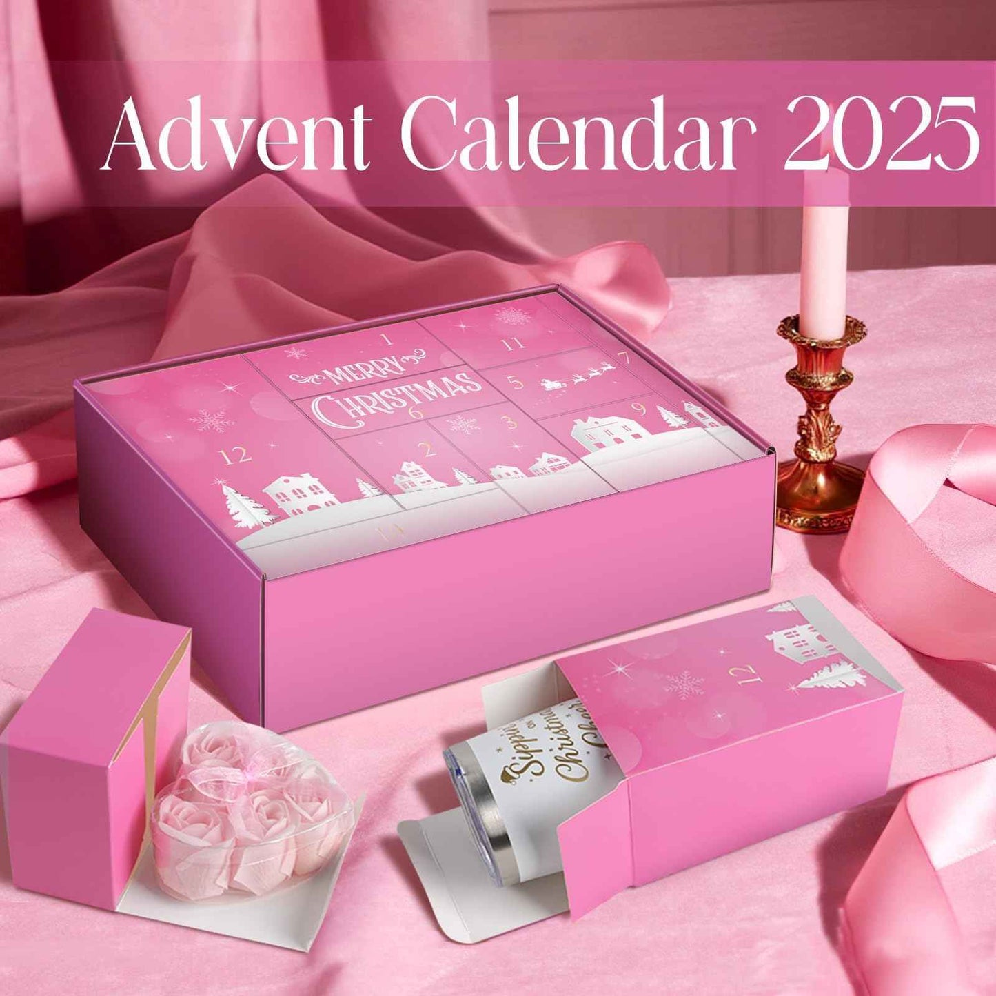 Spa Advent Calendar 2025 Adult Women Teen Girls - Christmas Bath Advent Calendar for Mom, Wife, Girlfriend, Sister, Her - Pink Spa Gifts Basket Set with Mugs, Bath Bomb, Shower Steamer, Candle & Relaxing GuaSha Tools
