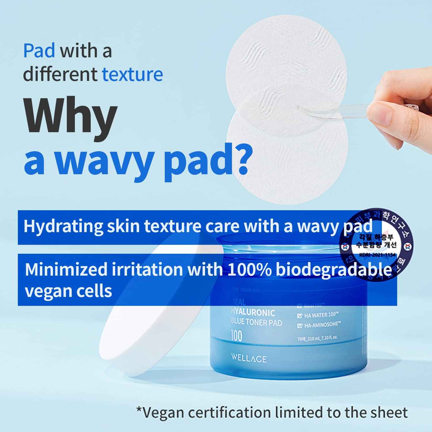 WELLAGE Real Hyaluronic Blue Toner Pad – Korean Skincare Zero Pore Facial Pads 70 Sheets, Hyaluronic Water Jojoba, Quick Soothing & Moisturizing - Hypoallergenic Exfoliating for Skin Smooth