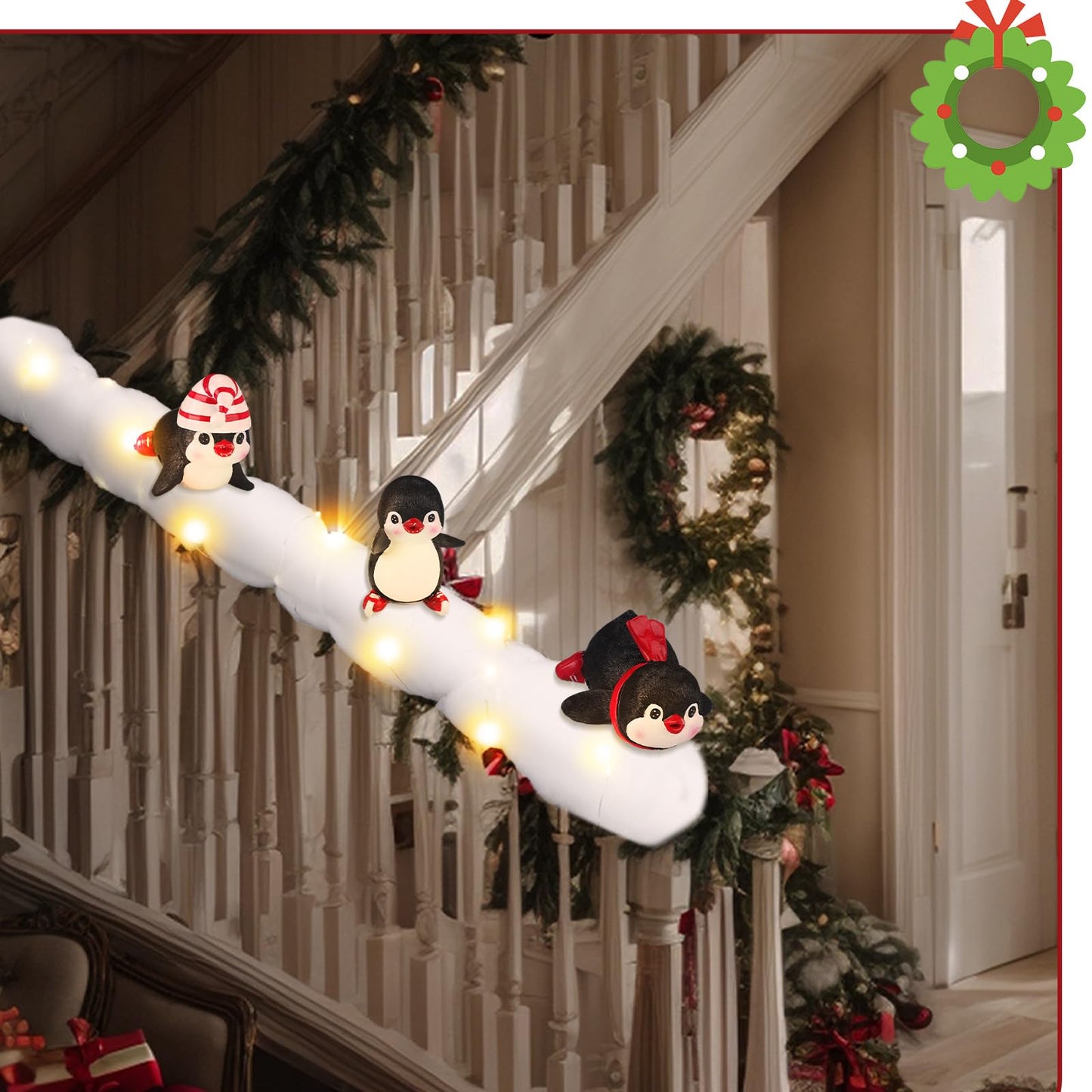 Liliful Set of 3 Penguin Stairway Holiday Decoration Resin Penguin Decor Sliding Winter Penguins in Snow Carpet with LED Lights and 20 Ribbons for Christmas Handrail Decoration Banister Stairway Gift