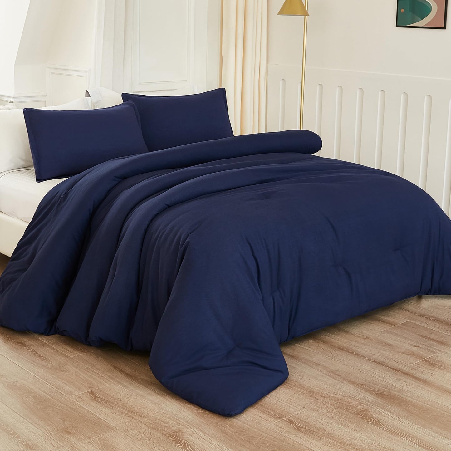 Litanika Navy Blue Twin/Twin XL Comforter Set, 2 Pieces Lightweight Solid Bedding Comforter Set, All Season Fluffy Bed Set (66x90In Comforter & 1 Pillowcase)