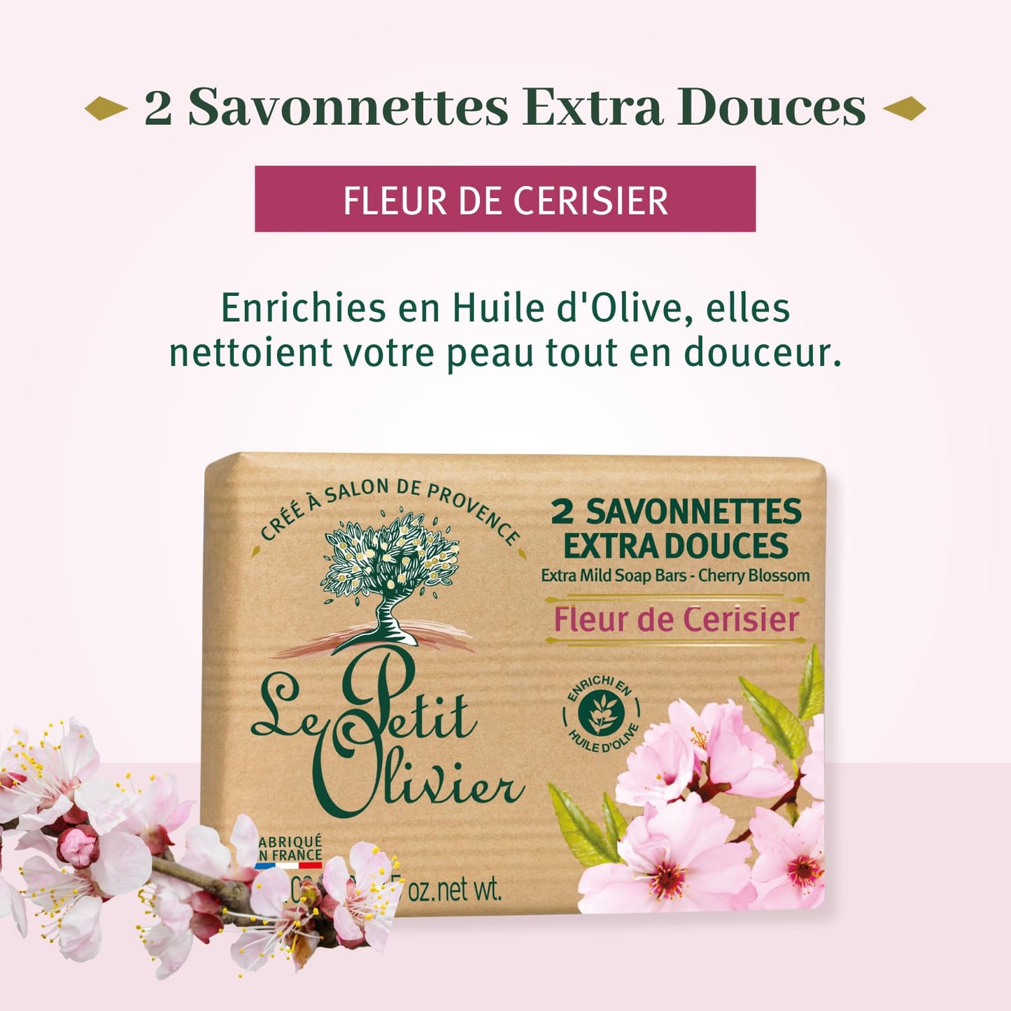 Le Petit Olivier Extra Mild Soap - Cherry Blossom - Gently Cleanses Skin - Delicately Perfumed - Vegetable Origin Based - 2 pc