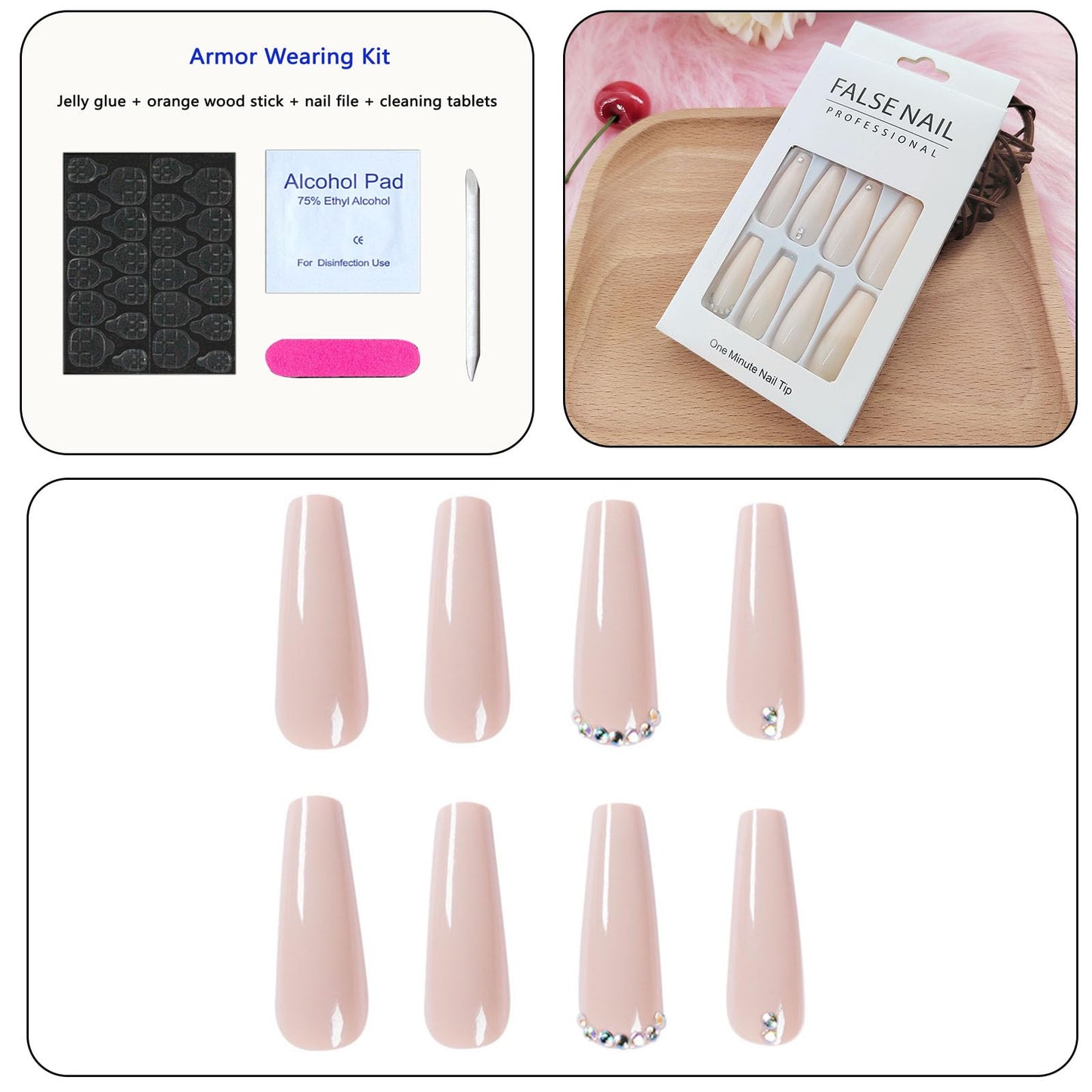 Long Press on Nails Coffin Milky White False Nails Acrylic with Rhinestones Design Simple Glossy Artificial Nails with Glossy Ballerina Nails for Women and Girls 24Pcs