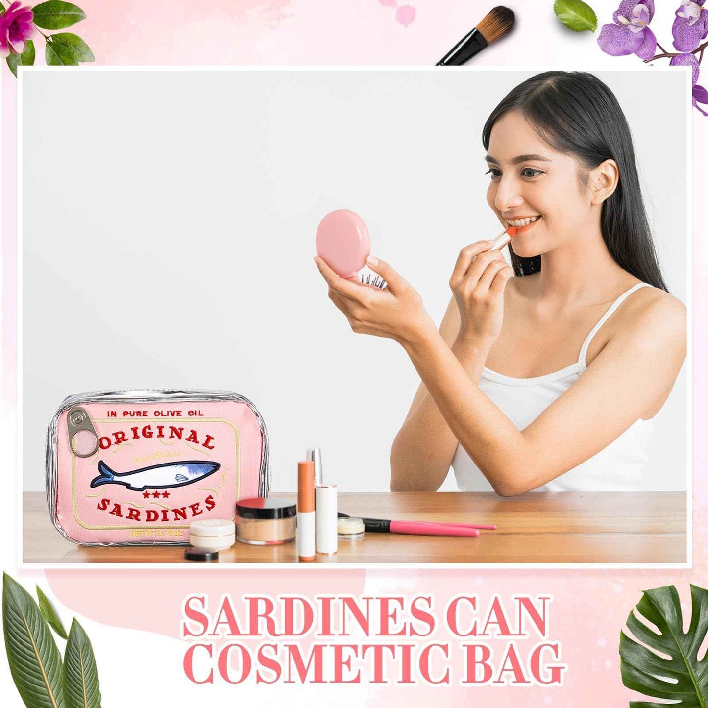 Reginary 2 Pcs Pink Canned Sardines Makeup Bag and Mini Hair Brush with Mirror Cute Cosmetic Bag Folding Hair Brush Kawaii Pencil Case Pouch Portable Travel Toiletry Bag Funny Waterproof for Women