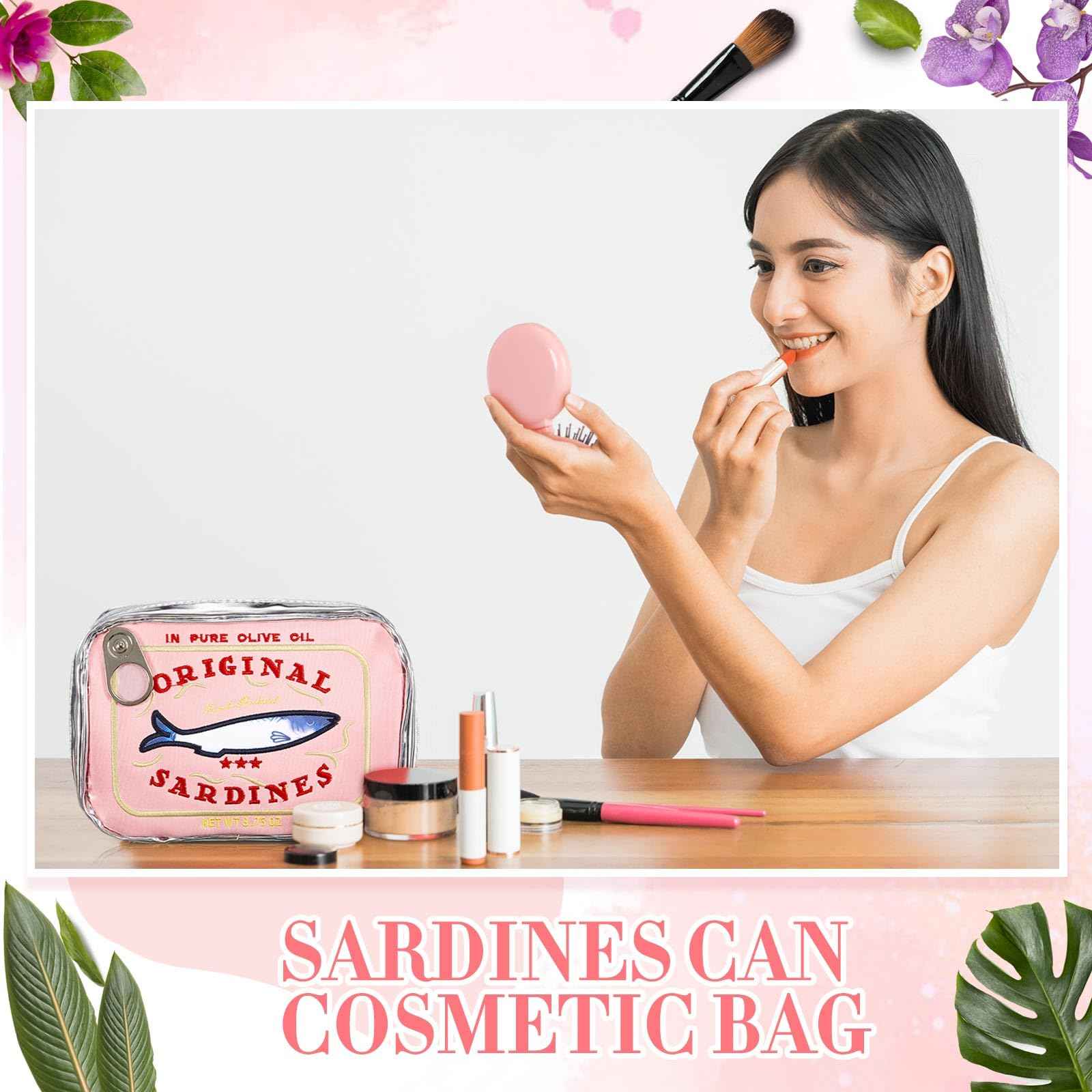 Reginary 2 Pcs Pink Canned Sardines Makeup Bag and Mini Hair Brush with Mirror Cute Cosmetic Bag Folding Hair Brush Kawaii Pencil Case Pouch Portable Travel Toiletry Bag Funny Waterproof for Women