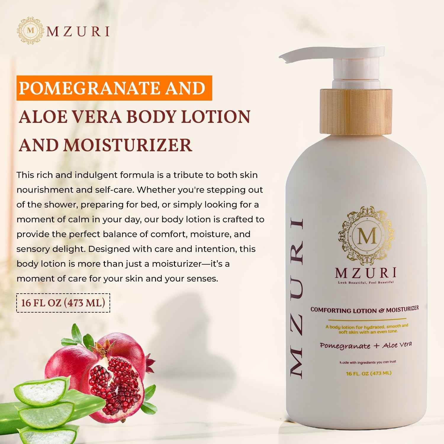 MZURI Body Lotion & Moisturizer – Pomegranate & Aloe Vera | Lightweight, Fast-Absorbing Hydrating Body Lotion for Dry, Sensitive Skin | Paraben-Free Daily Body Care | 16 fl oz