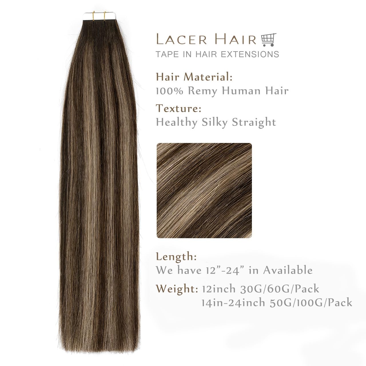 Lacer 12 Inch Tape in Hair Extensions Human Hair Rooted Dark Brown to Chestnut Brown Highlight Dark Brown Seamless Invisible Silky Straight Tape in Hair Extensions Real Human Hair 30g 20pcs