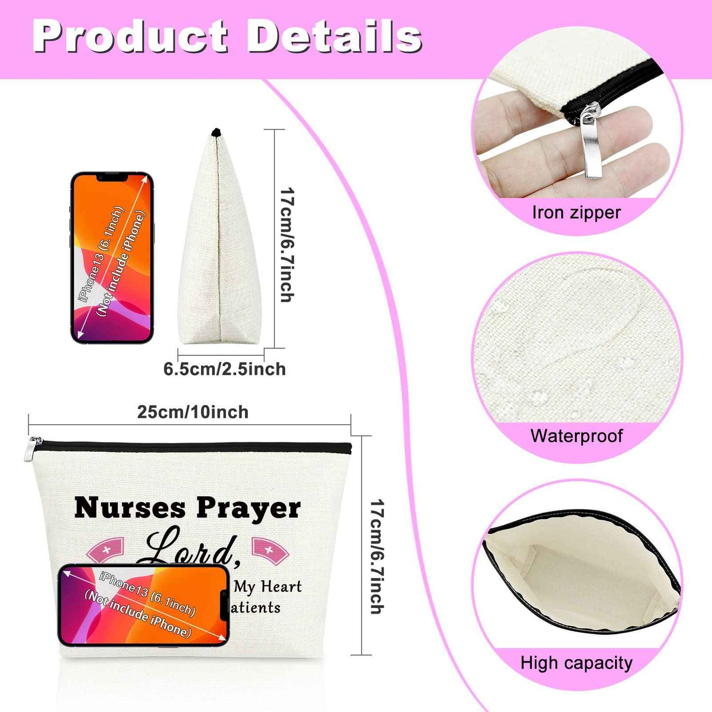 Mxrymvu Nurses Prayer Gift Makeup Bag International Nurses Day Gifts Cosmetic Bag Inspirational Present for Medical Student Graduation Birthday Present for Daughter Sister Mother White