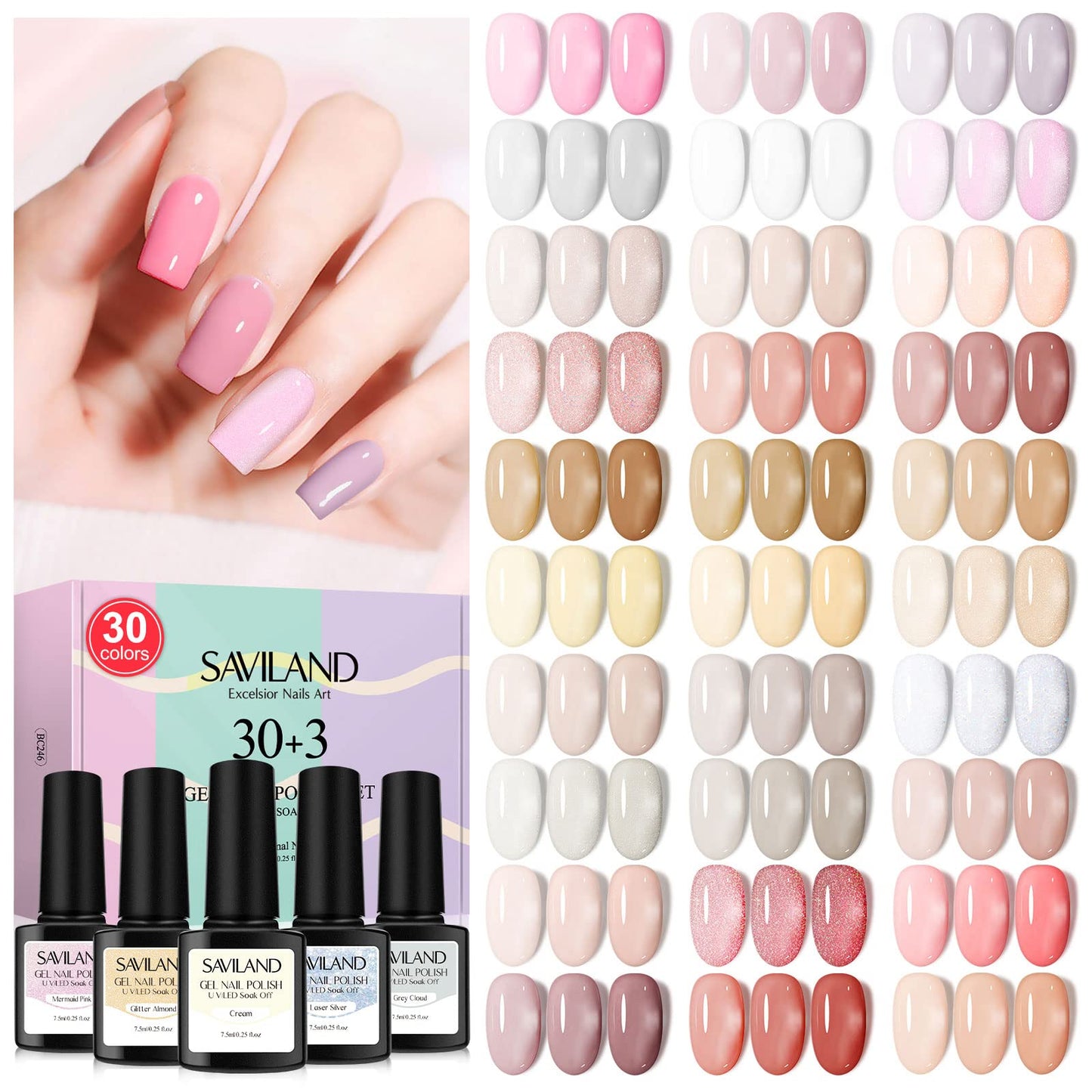 SAVILAND 33PCS Gel Nail Polish Set, Nudes Brown Pink Christmas Colors Gel Polish Set Soak Off U V LED Gel with Base & Glossy/Matte Top Gel Nail Supplies Nail Art Starter Kit Holiday Gifts for Women