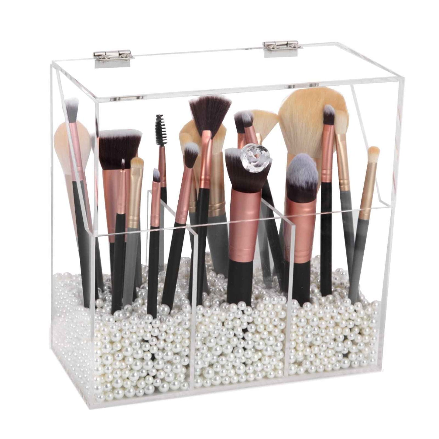 Vevitts Acrylic Makeup Brush Holder, Clear Cosmetic Storage Box with 3 Brush Holders, Dust Cover, Large-Capacity Split Design for Organizing Vanity Desk