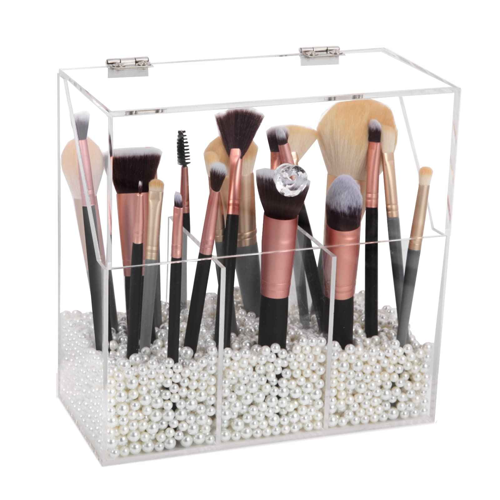 Vevitts Acrylic Makeup Brush Holder, Clear Cosmetic Storage Box with 3 Brush Holders, Dust Cover, Large-Capacity Split Design for Organizing Vanity Desk