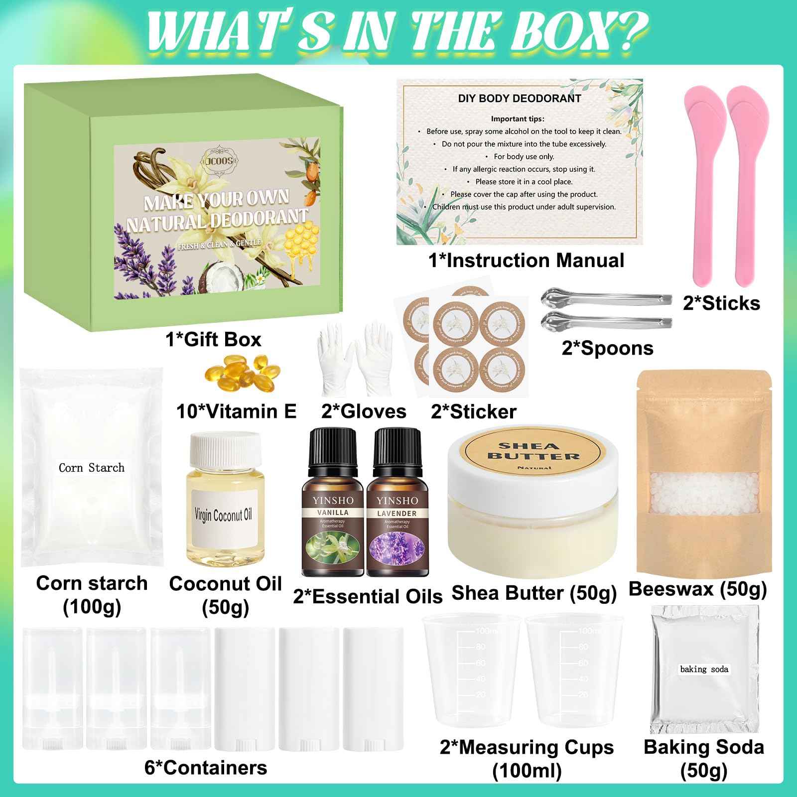 JCOOS Deodorant Making Kit, DIY Deodorant Kit, Aluminum Free Antiperspirant for Women and Men, Shea Butter, Coconut Oil, Baking Soda, Vanilla & Lavender Essential Oils, Containers Sweat & Odor Control