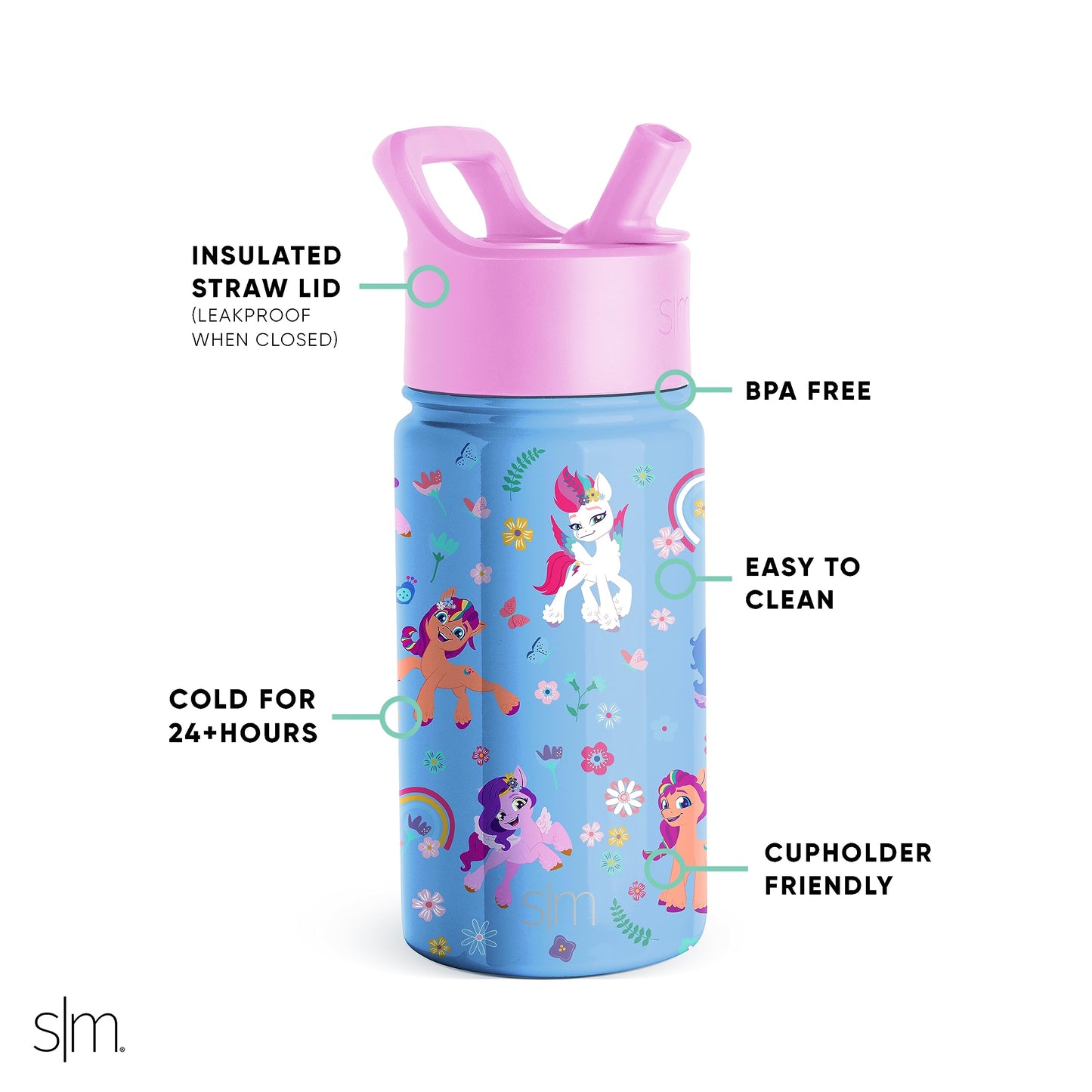 Simple Modern My Little Pony Kids Water Bottle with Straw Lid | Reusable Insulated Stainless Steel Cup for School | Summit Collection | 14oz, My Little Pony Garden of Rainbows