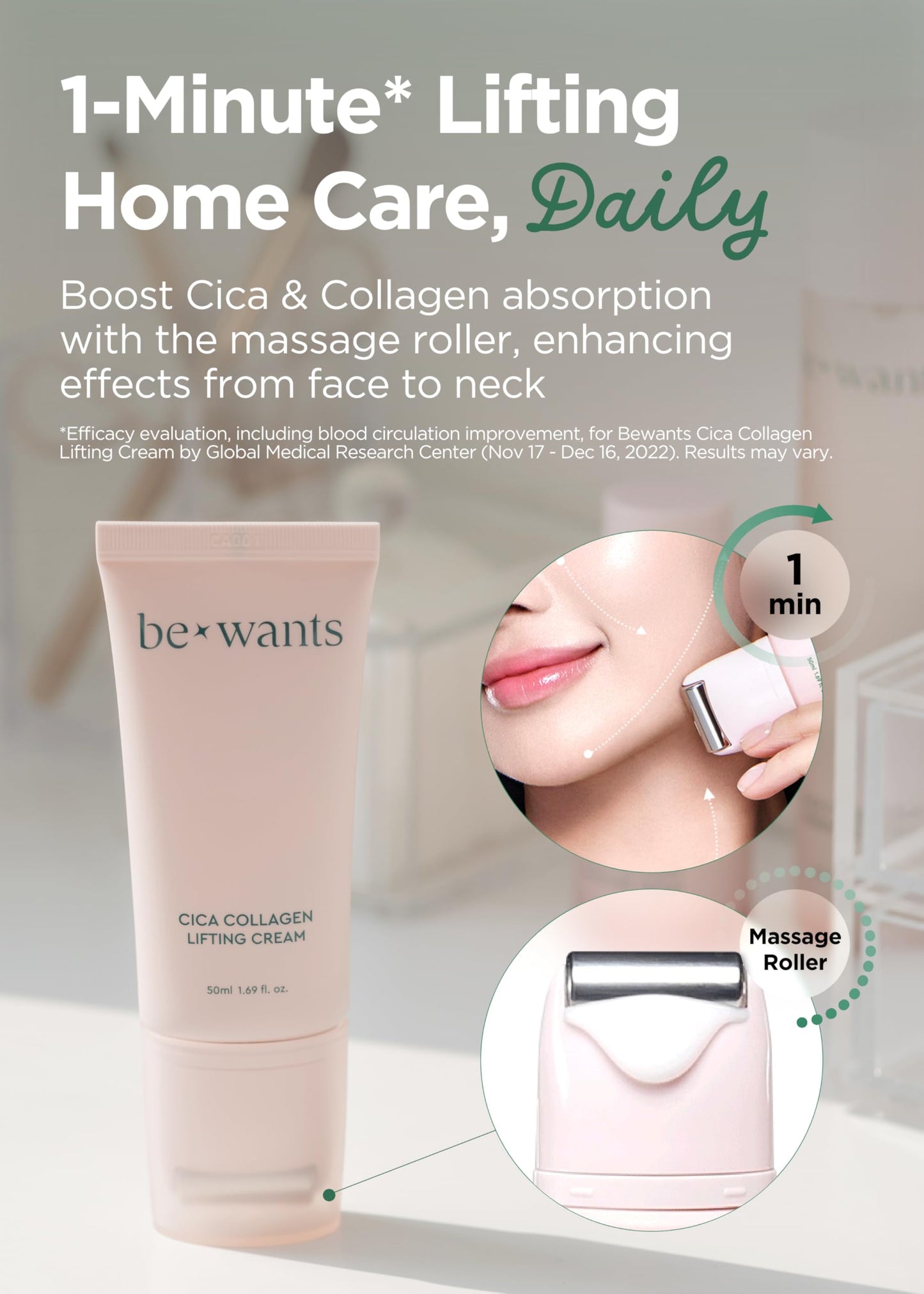 BE+WANTS [K-Beauty] Bewants Neck Lifting & Firming Cream with Centella Asiatica | Vegan Hyaluronic Acid | Neck Firming Cream Tightening Lifting Sagging Skin with Gua Sha Roller | Korean Skincare