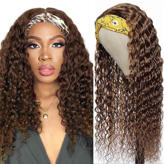 XSY Chocolate Brown Headband Wig Human Hair Deep Wave Headband Wigs Human Hair None Lace Front Wigs Human Hair for Women 150% Density Wig Curly Hair (12 Inch)