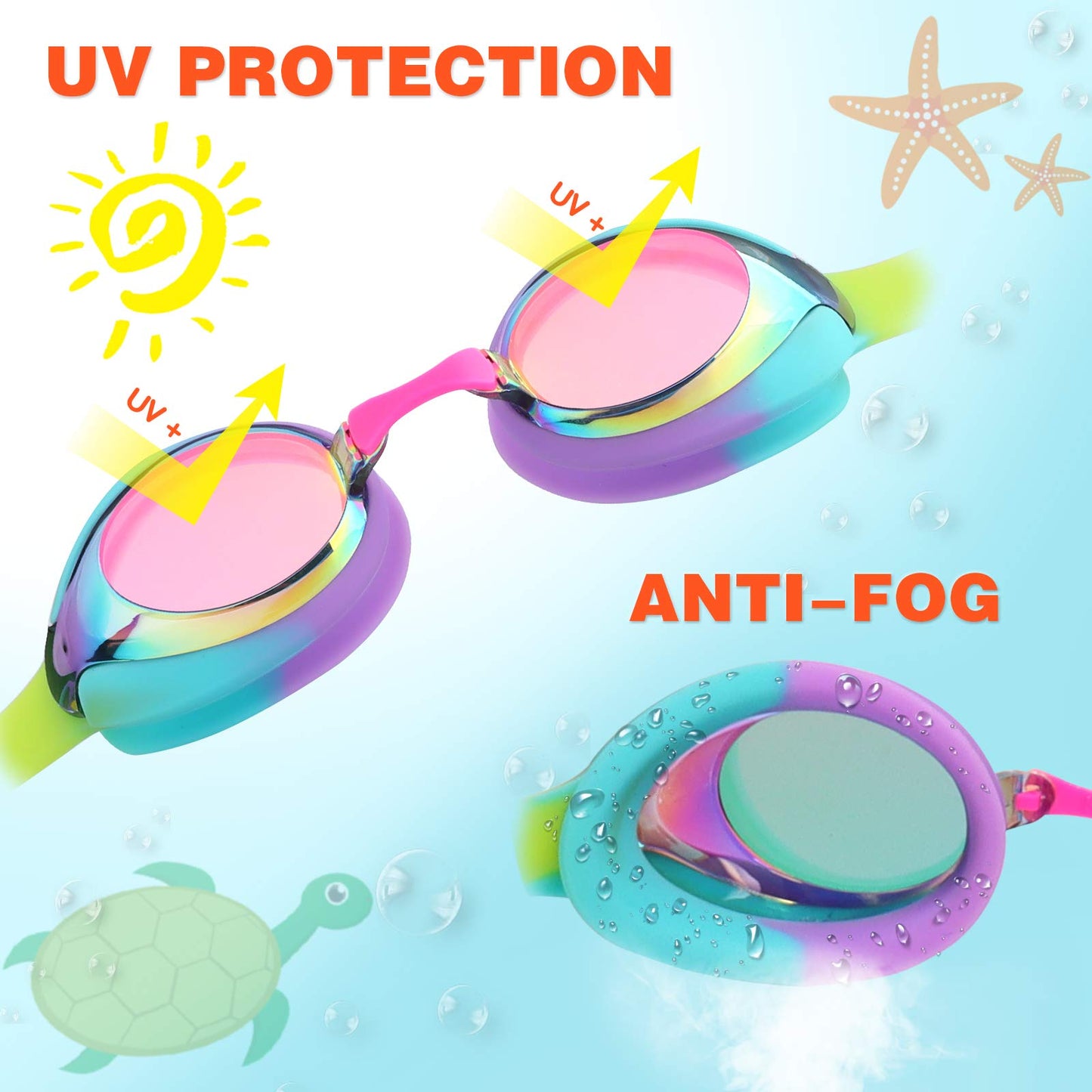 Kids Swim Goggles Swimming Goggles for Toddler Children Girls Boys Youth, Anti-Fog Waterproof UV Protection Clear Vision Mirror Flat Lens Water Pool Goggles with 3 Nose Piece, Rainbow Kids Goggles